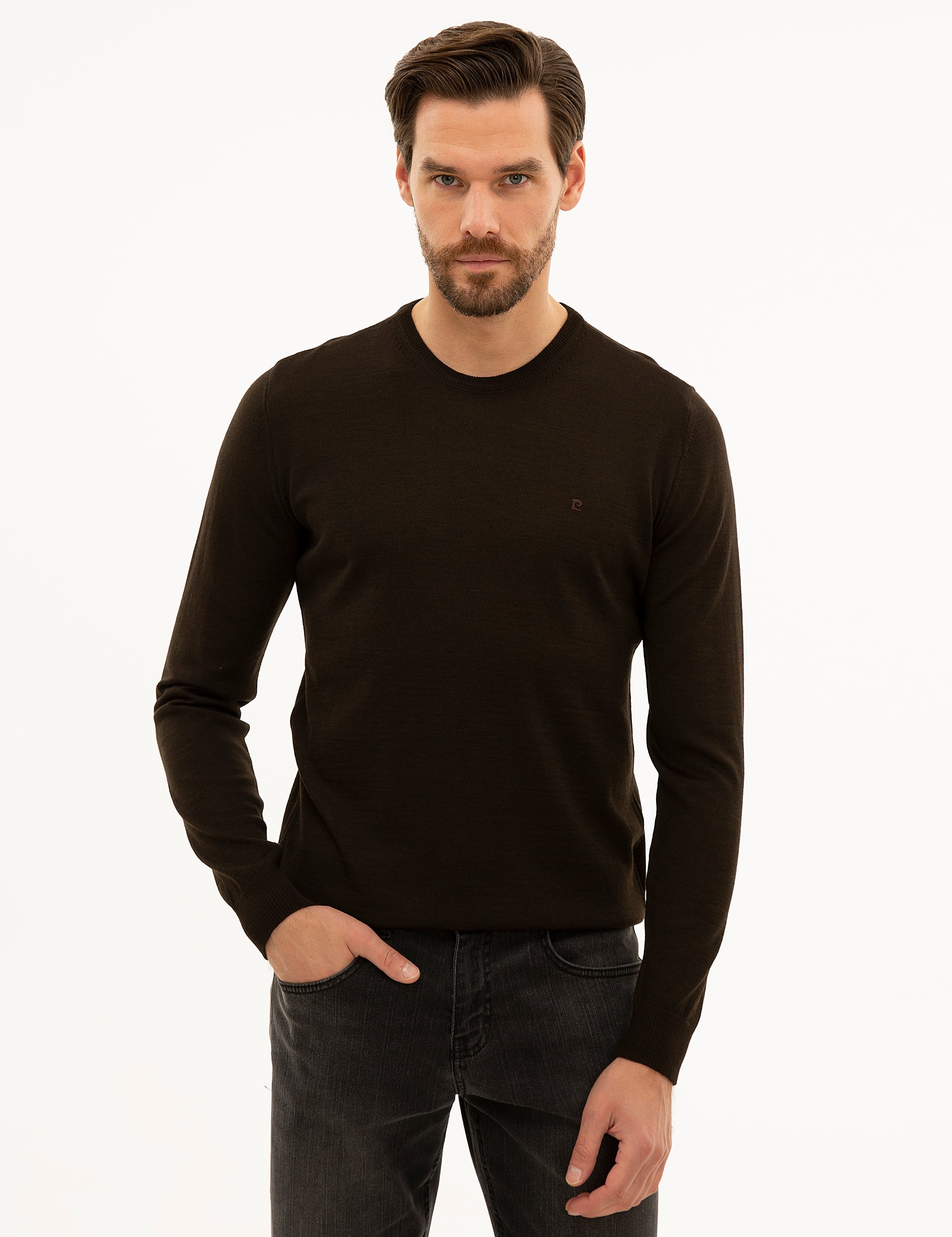 Kahverengi Slim Fit Bisiklet Yaka Basic Triko Kazak