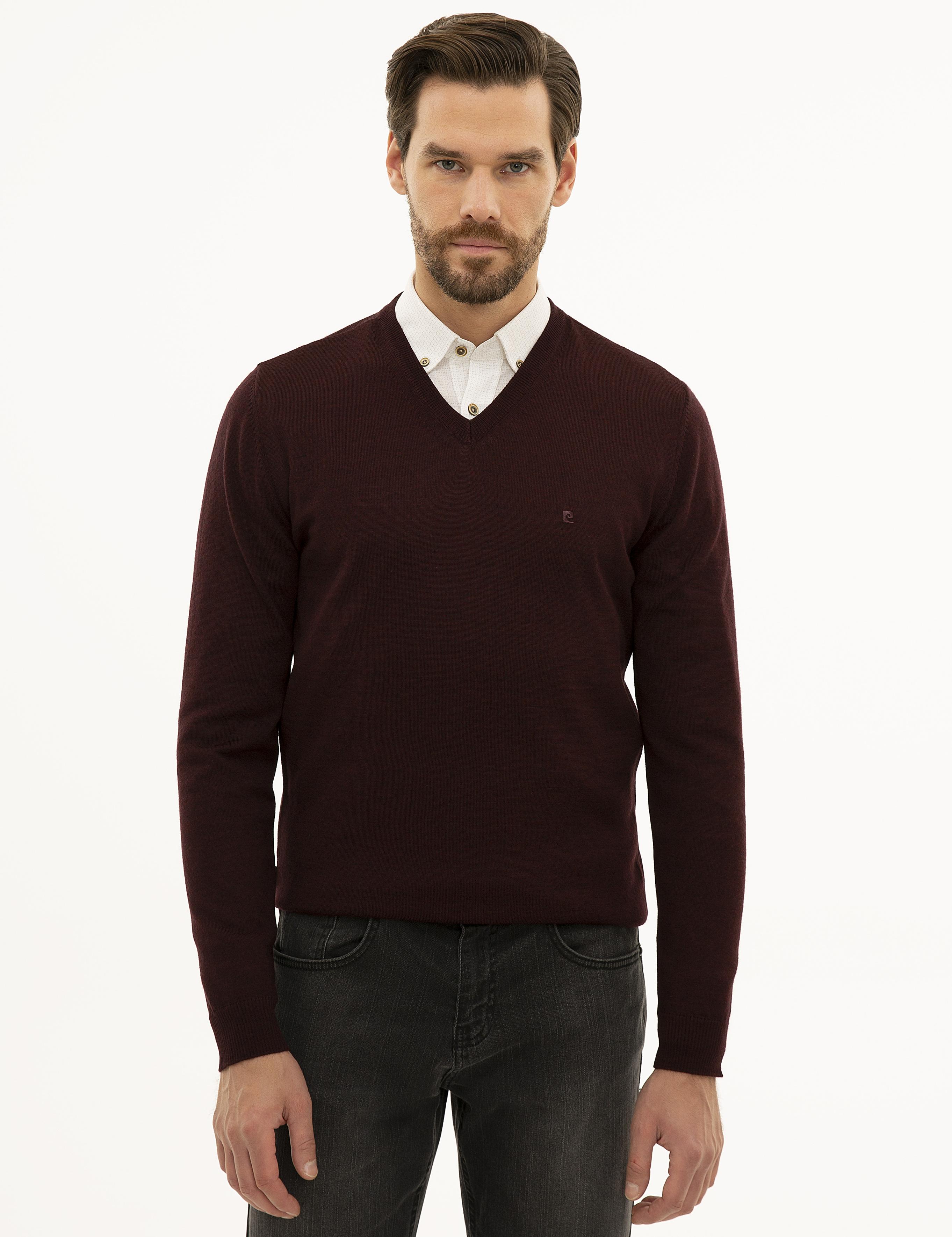 Bordo Slim Fit V Yaka Basic Triko Kazak