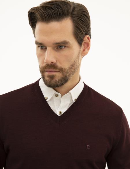 Bordo Slim Fit V Yaka Basic Triko Kazak - 50227092023