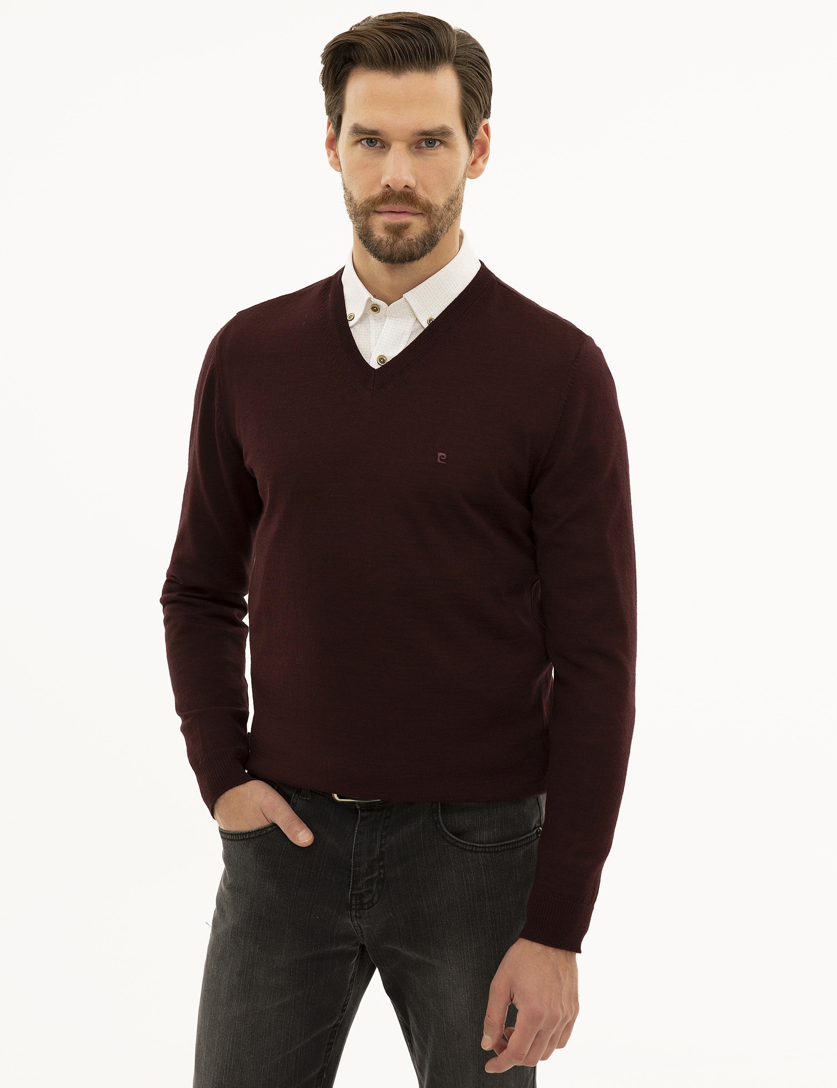 Bordo Slim Fit V Yaka Basic Triko Kazak