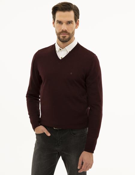 Bordo Slim Fit V Yaka Basic Triko Kazak - 50227092023