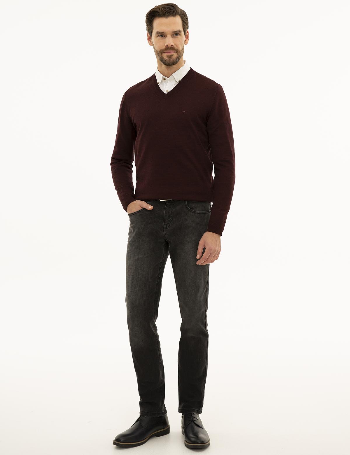 Bordo Slim Fit V Yaka Basic Triko Kazak - 50227092023