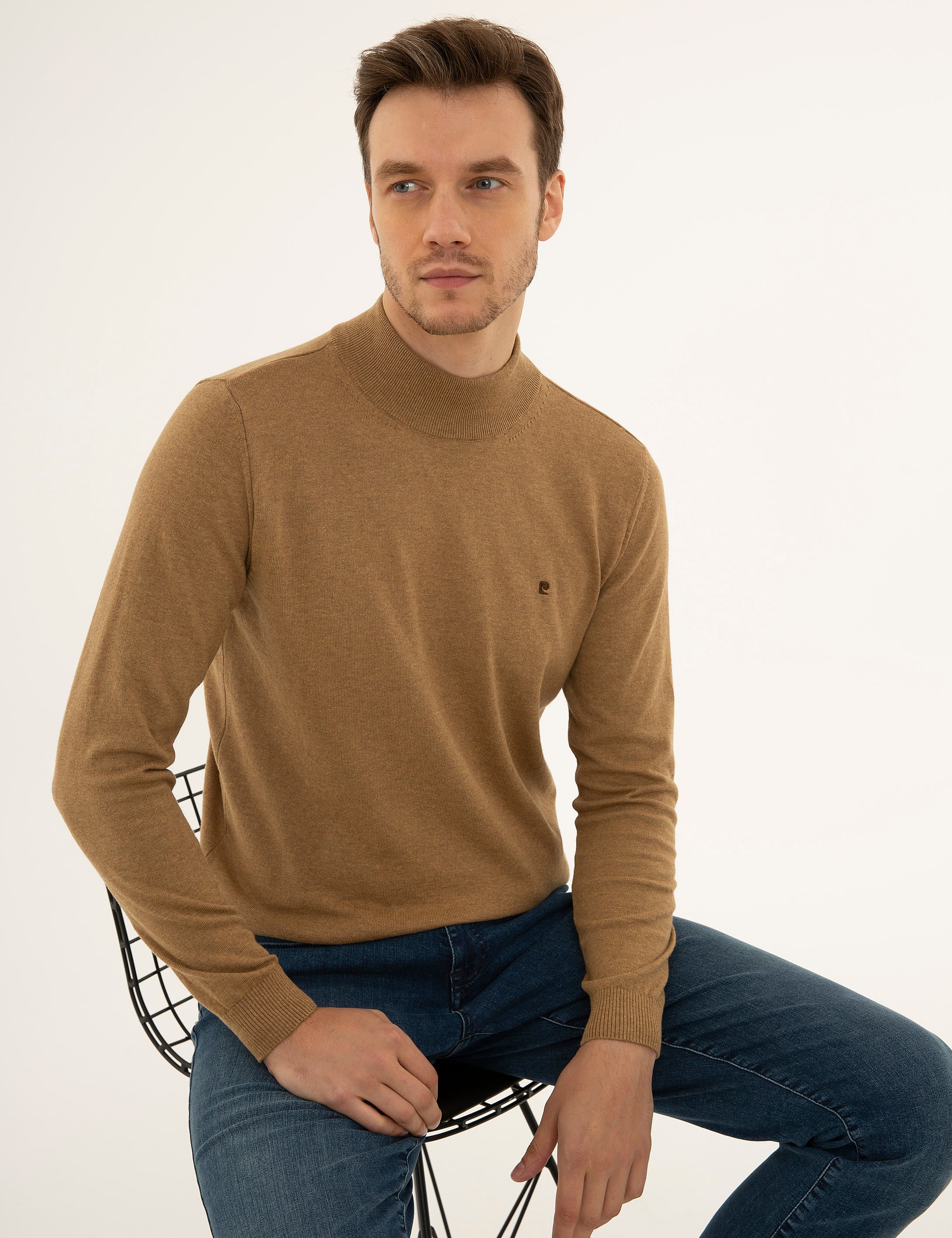 Camel Melanj Slim Fit Yarım Balıkçı Yaka Basic Triko Kazak