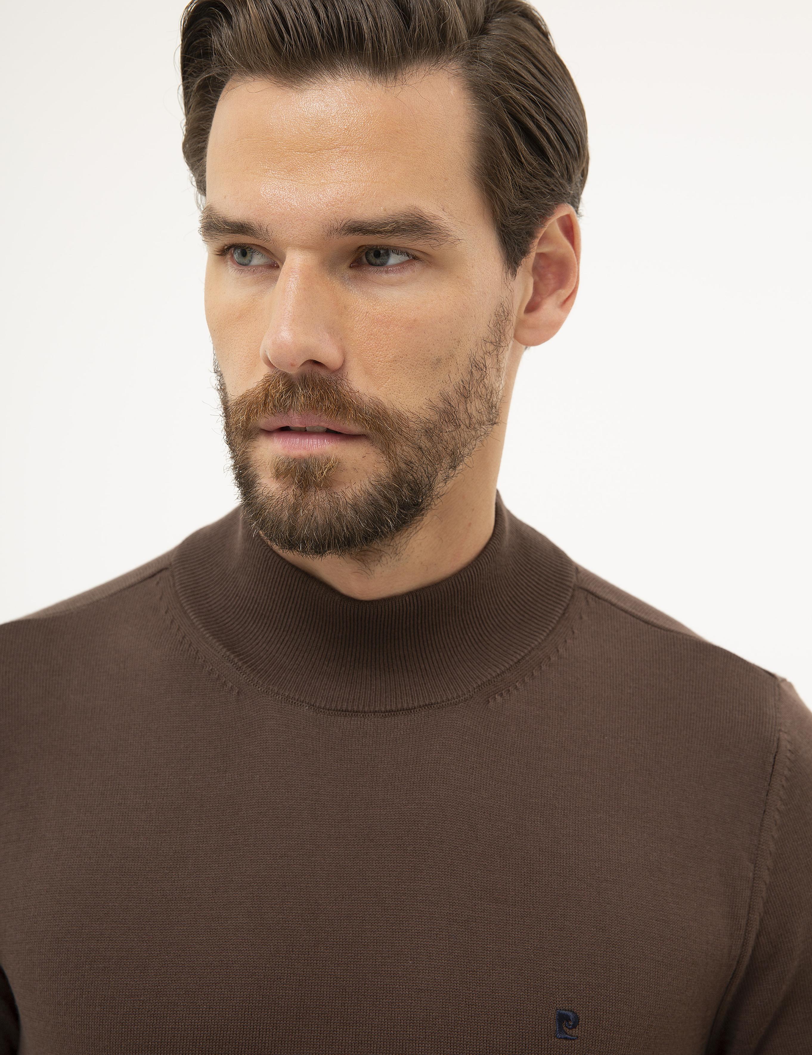 Kahverengi Slim Fit Yarım Balıkçı Yaka Basic Triko Kazak