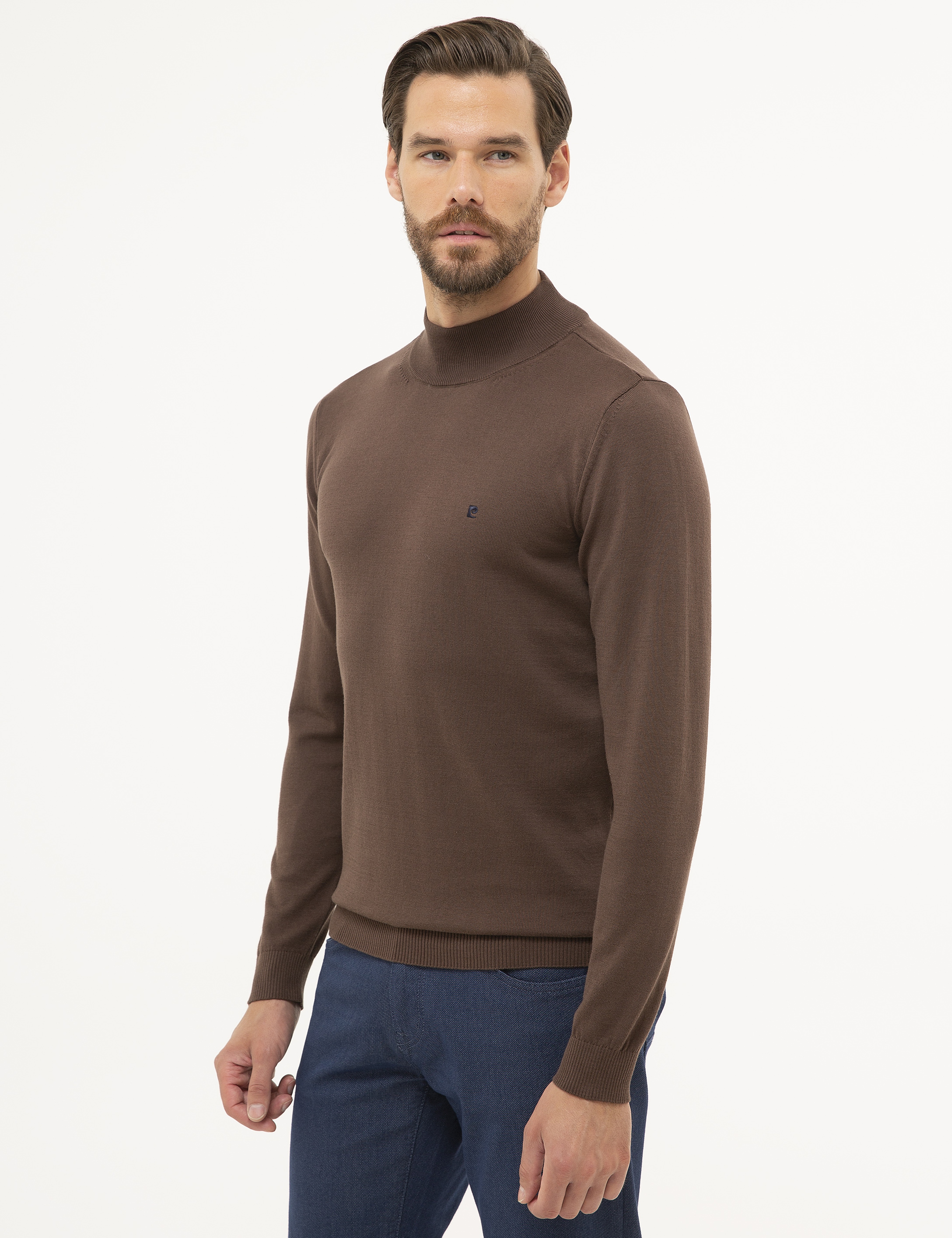 Kahverengi Slim Fit Yarım Balıkçı Yaka Basic Triko Kazak