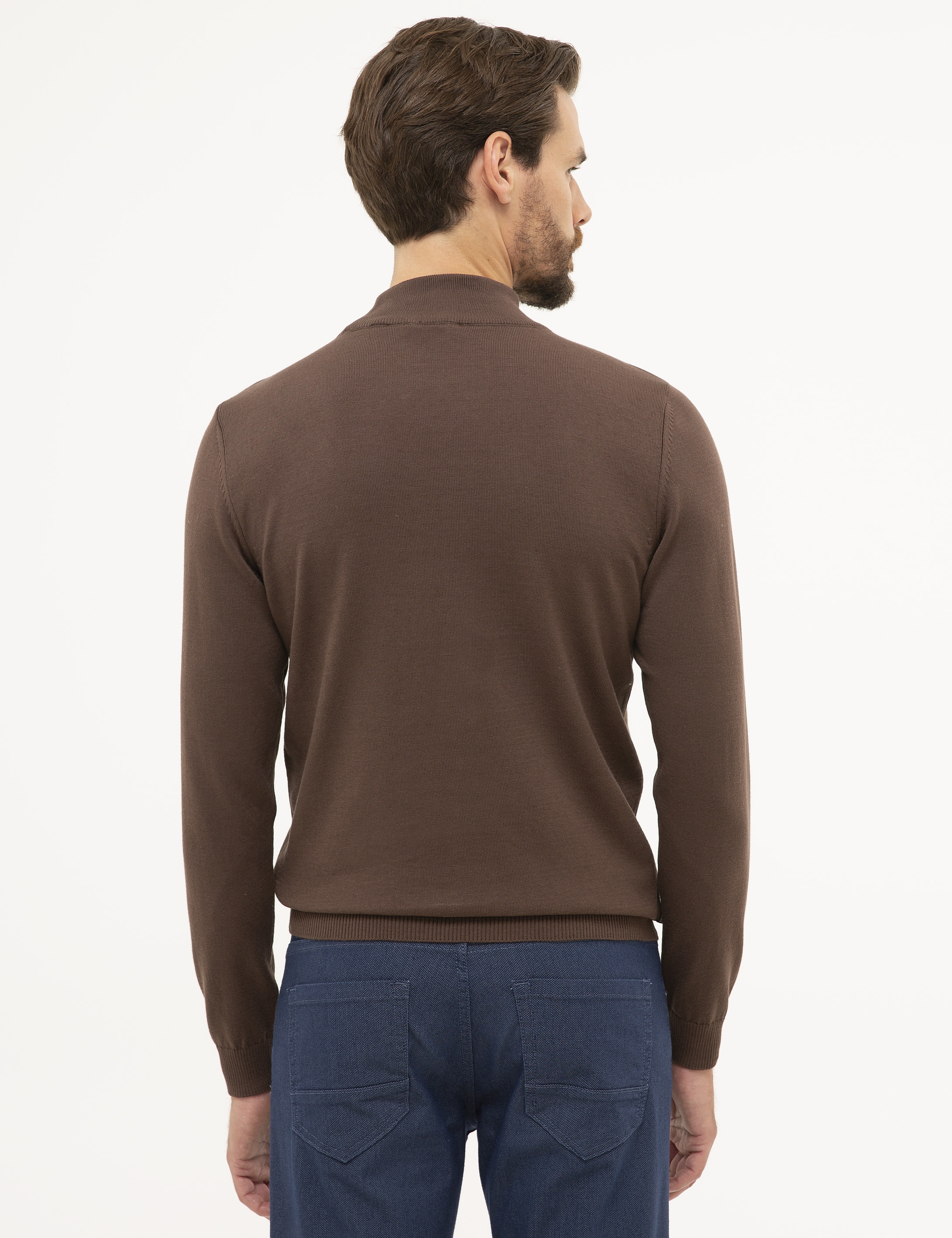 Kahverengi Slim Fit Yarım Balıkçı Yaka Basic Triko Kazak - Image 4
