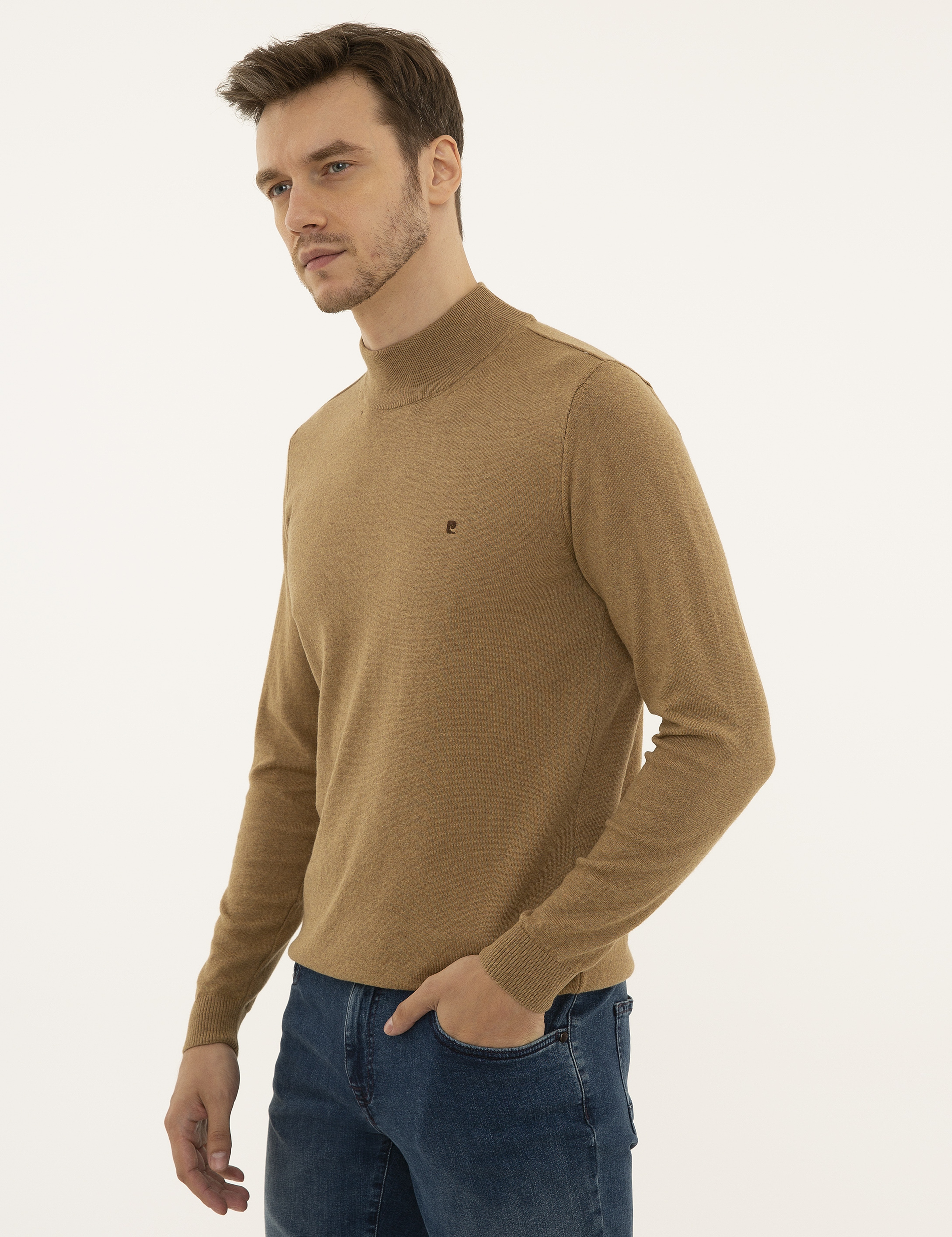 Camel Melanj Slim Fit Yarım Balıkçı Yaka Basic Triko Kazak - Image 3