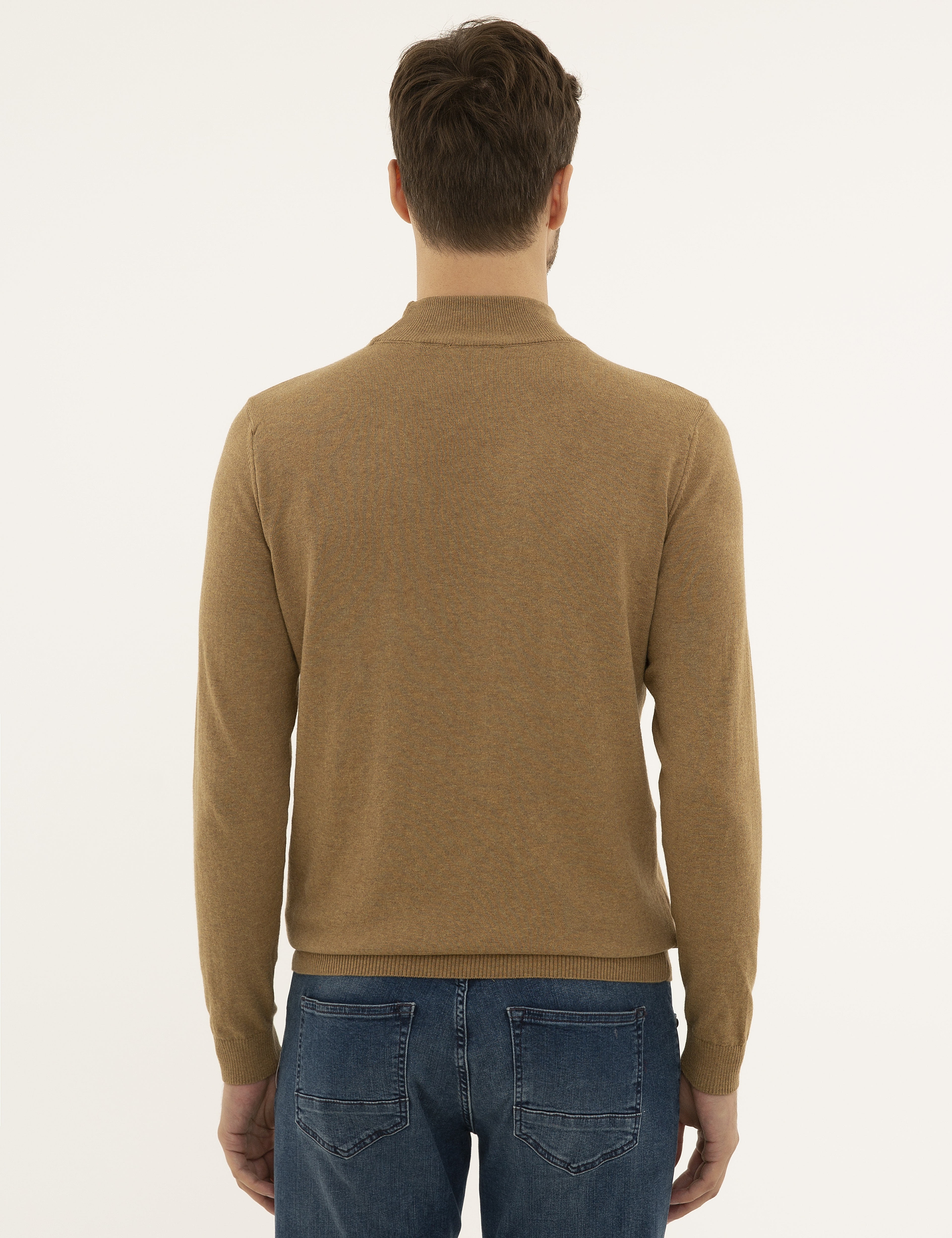 Camel Melanj Slim Fit Yarım Balıkçı Yaka Basic Triko Kazak