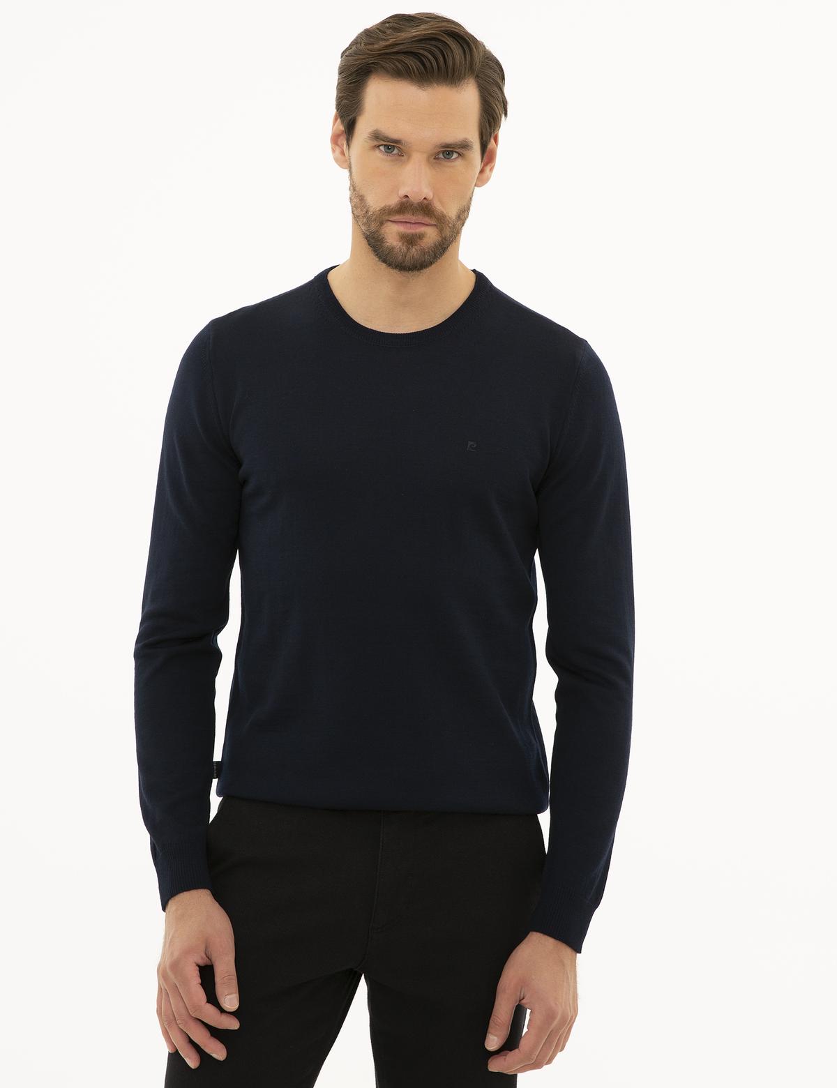 Lacivert Slim Fit Bisiklet Yaka Yün Karışımlı Basic Triko Kazak