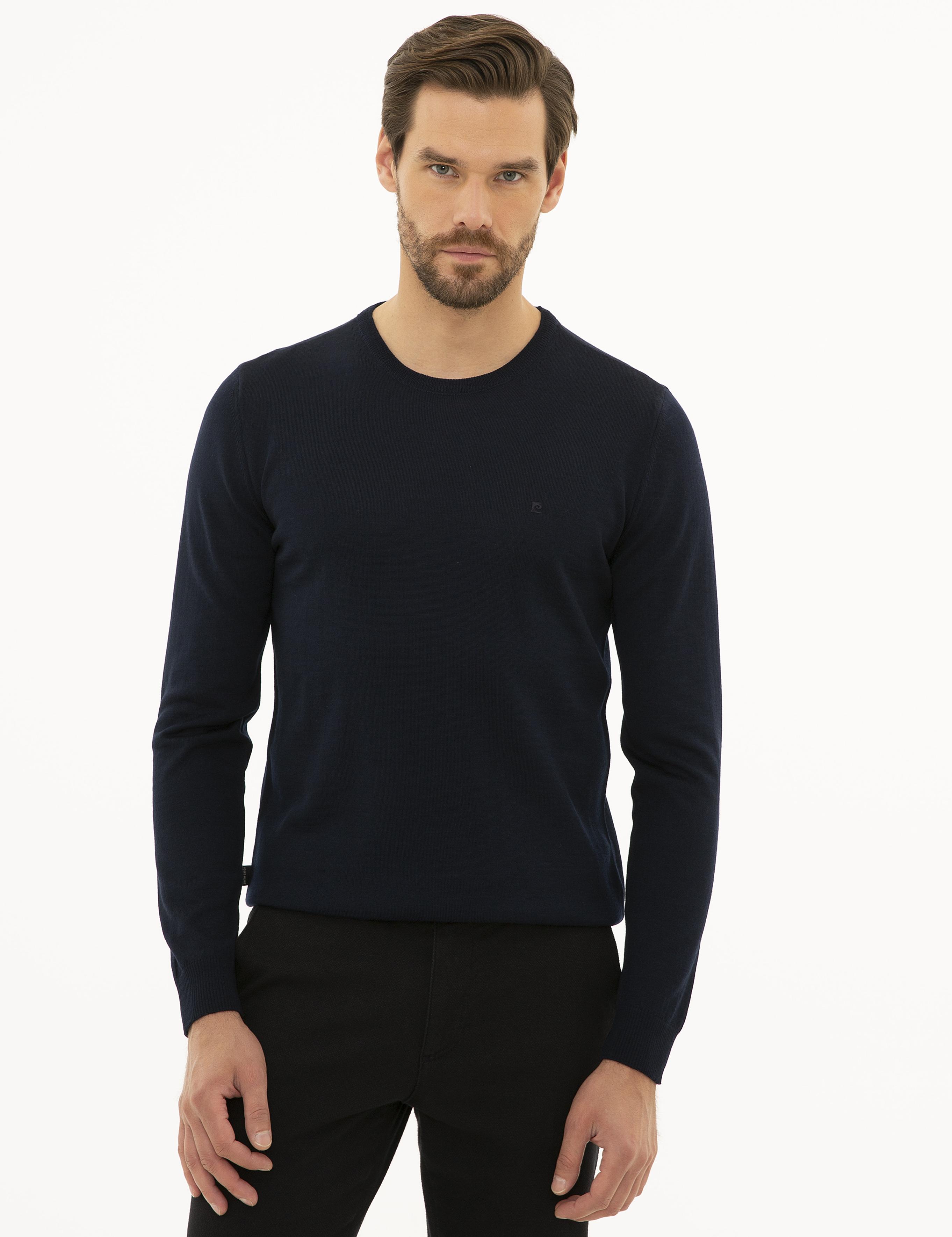 Lacivert Slim Fit Bisiklet Yaka Yün Karışımlı Basic Triko Kazak