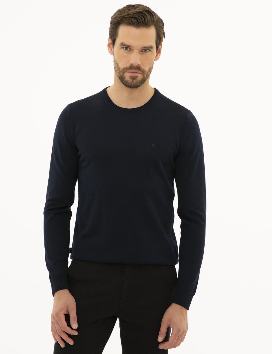 Lacivert Slim Fit Bisiklet Yaka Yün Karışımlı Basic Triko Kazak