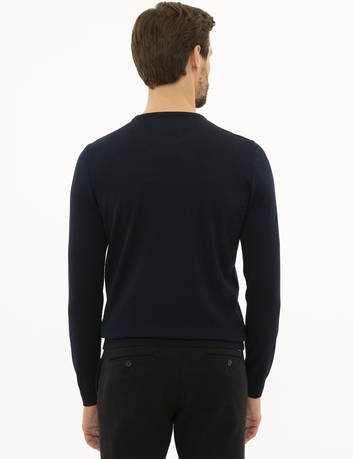 Lacivert Slim Fit Bisiklet Yaka Yün Karışımlı Basic Triko Kazak - 50227677016