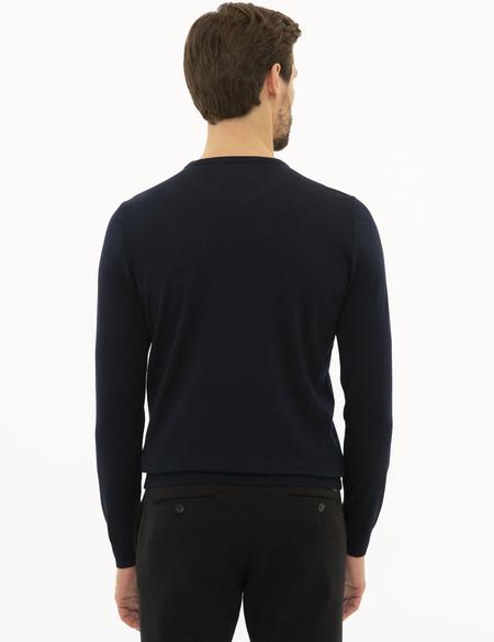 Lacivert Slim Fit Bisiklet Yaka Yün Karışımlı Basic Triko Kazak - 50227677016