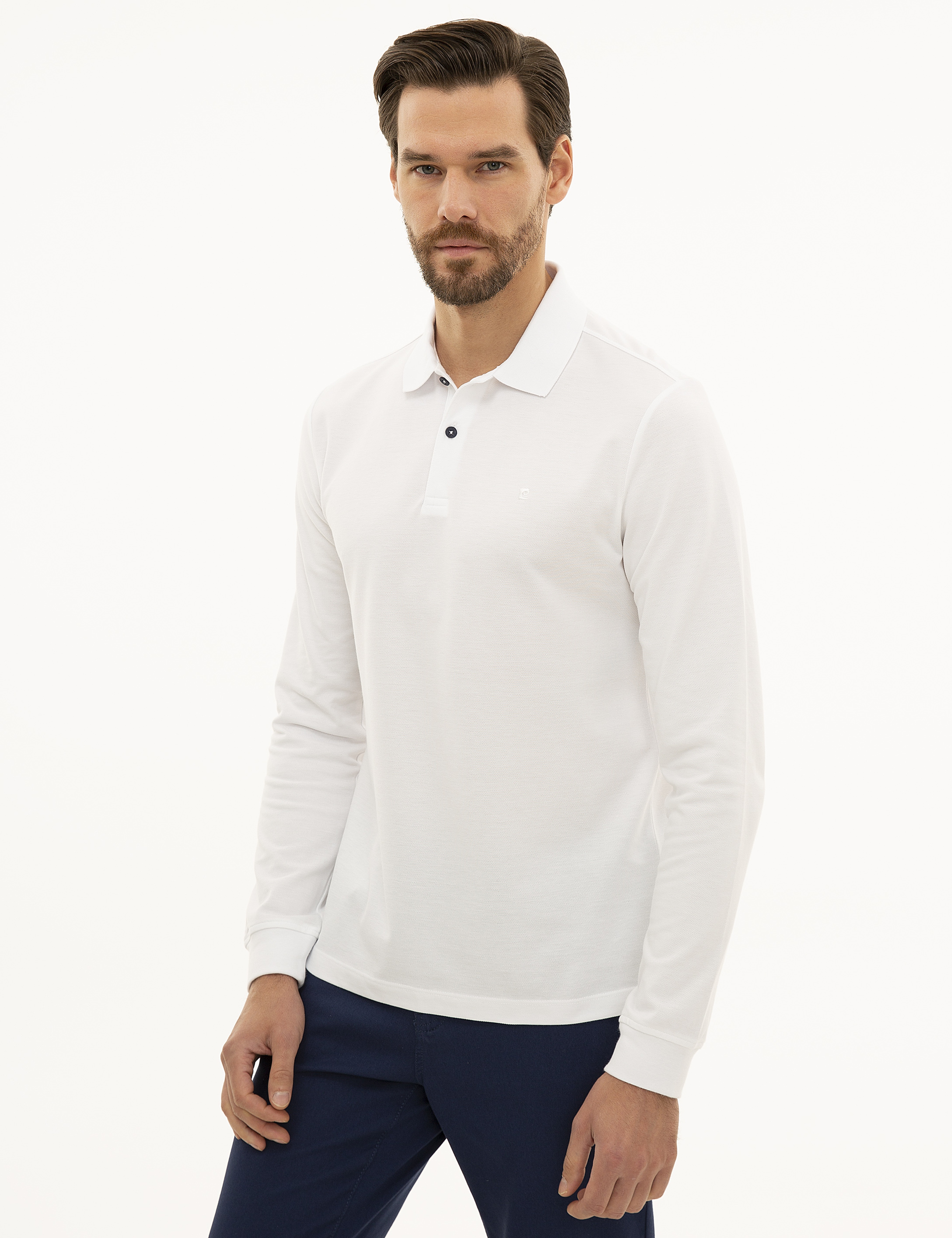 Beyaz Slim Fit Polo Yaka Sweatshirt