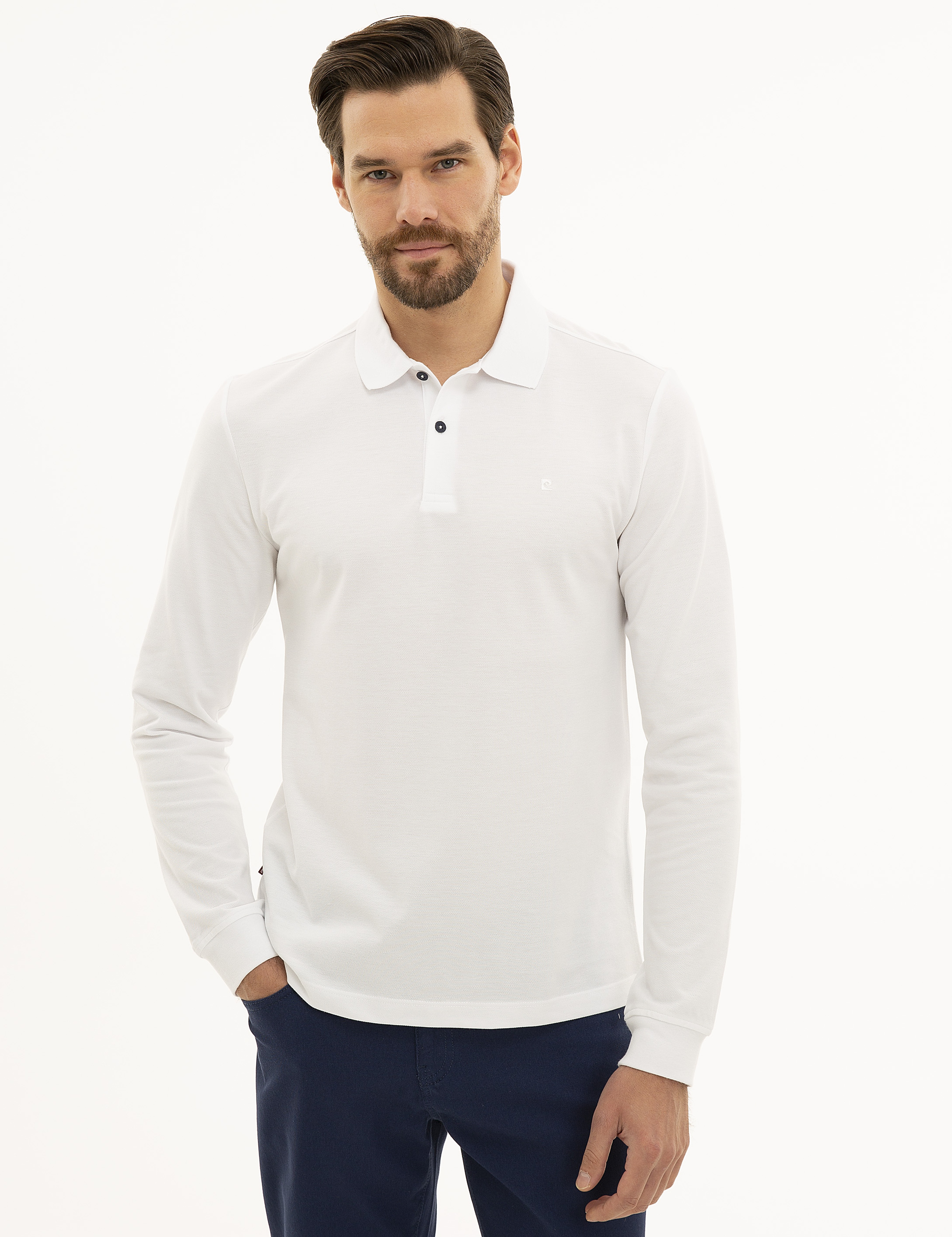 Beyaz Slim Fit Polo Yaka Sweatshirt - Image 1