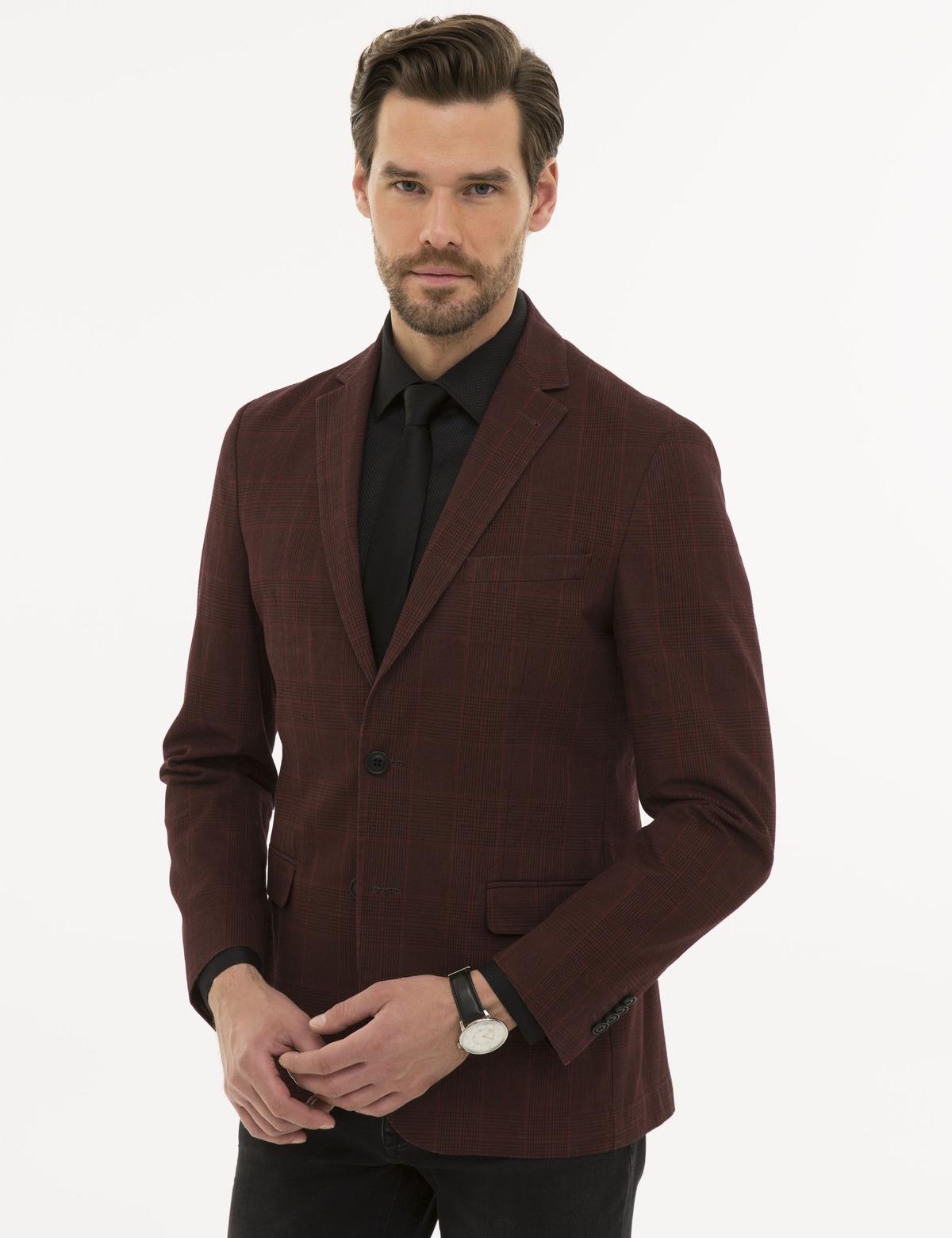 Ekose Bordo Slim Fit Ceket - 50225490014