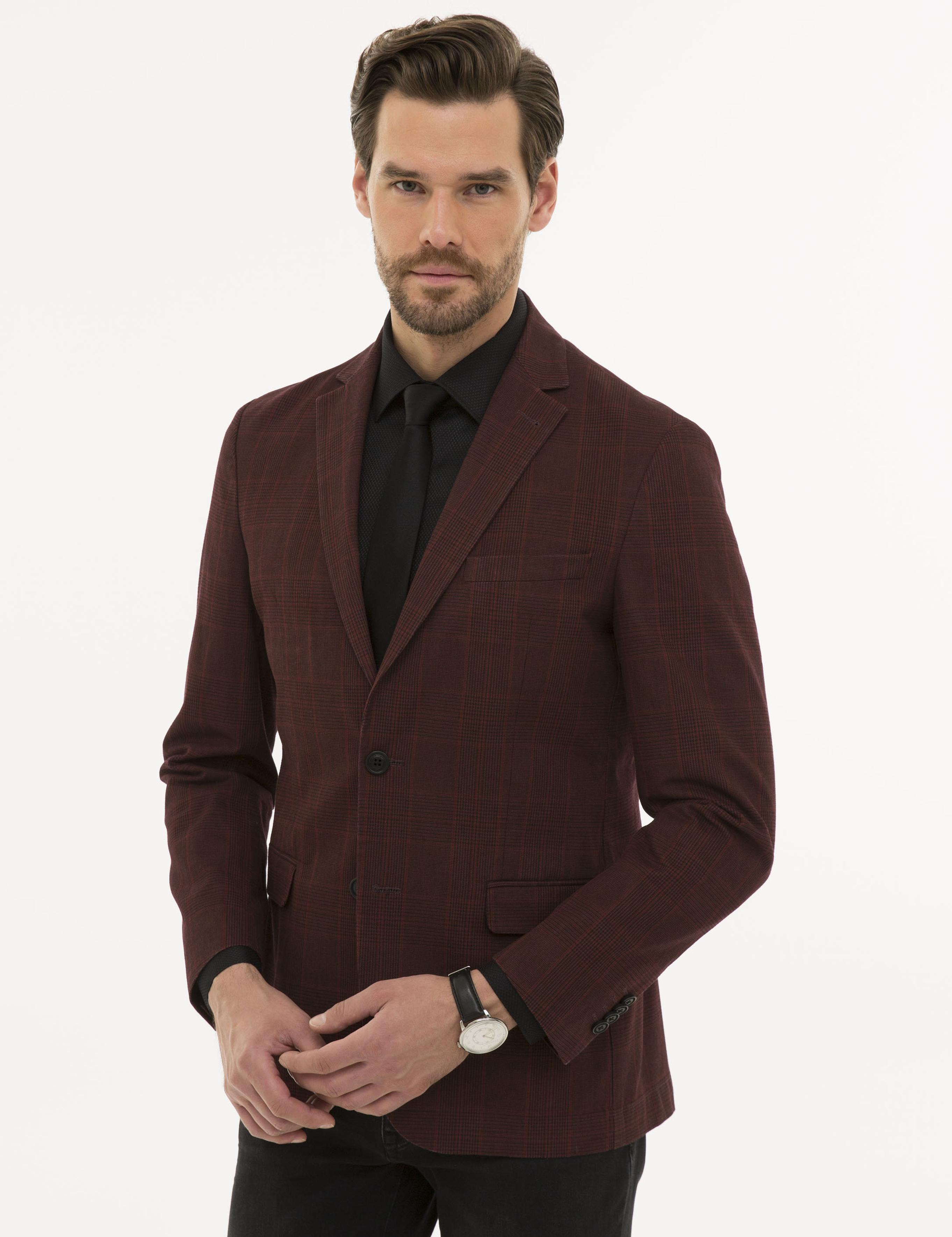 Ekose Bordo Slim Fit Ceket