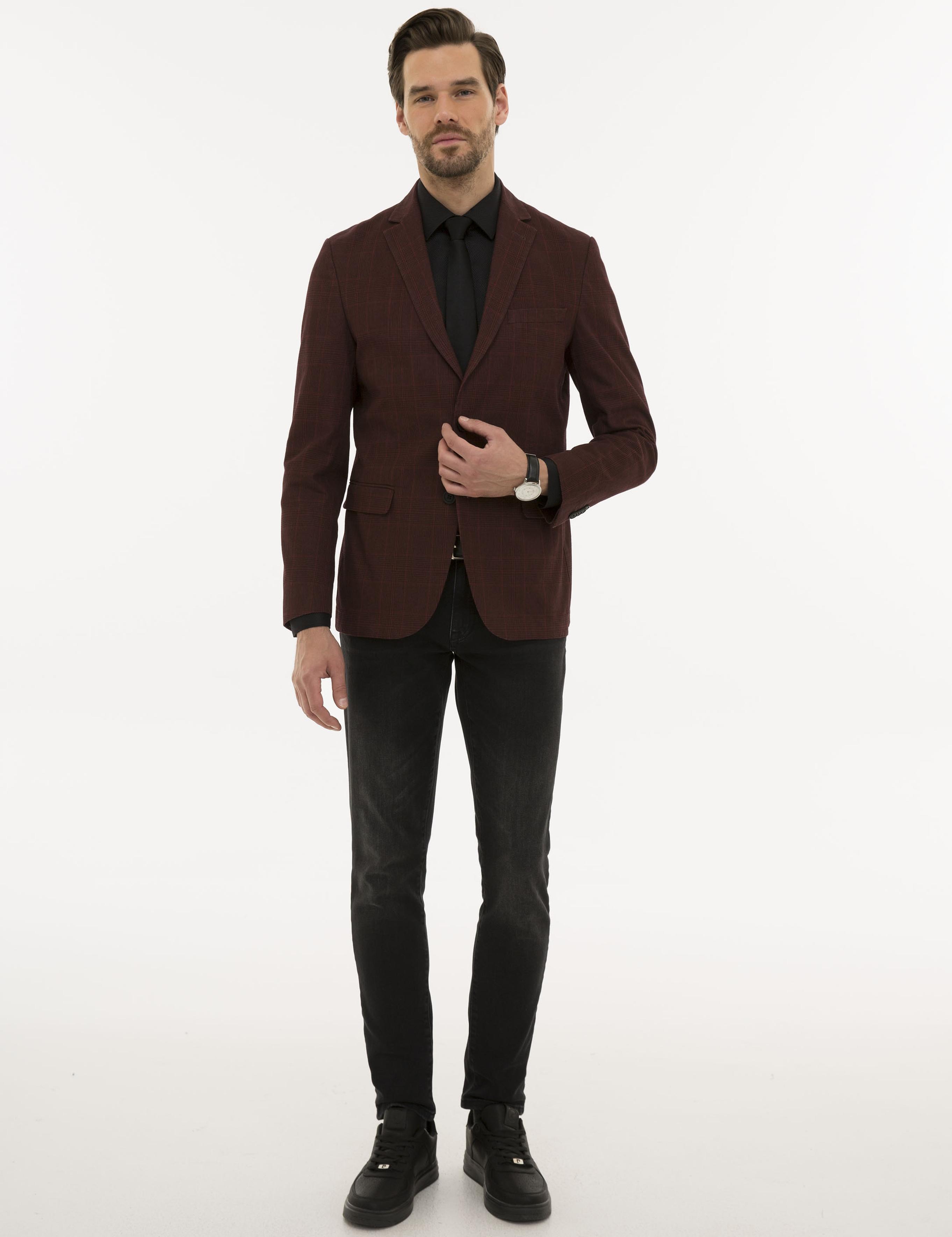 Ekose Bordo Slim Fit Ceket