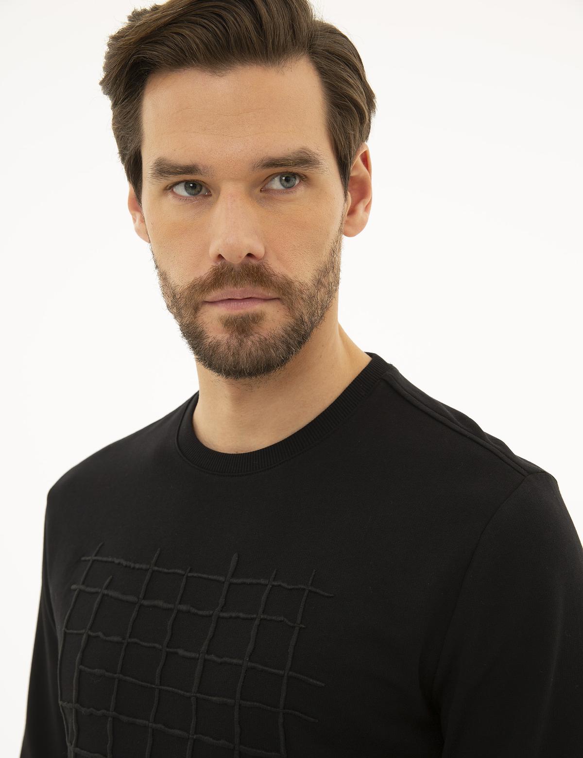 Siyah Standart Fit Bisiklet Yaka Sweatshirt