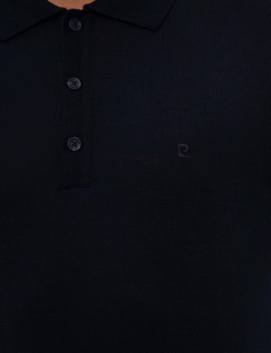 Lacivert Slim Fit Polo Yaka Yün Karışımlı Basic Triko Kazak
