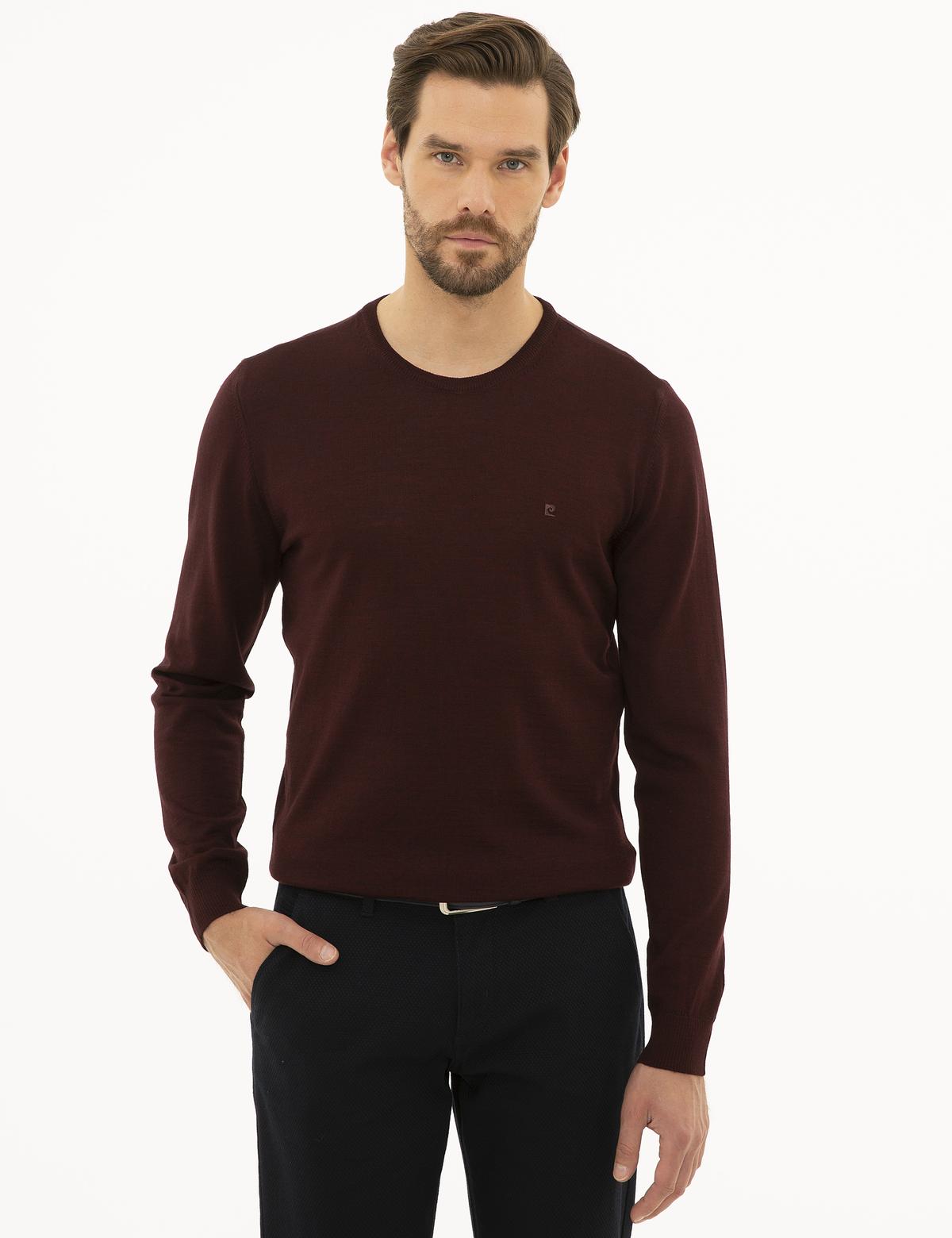 Bordo Slim Fit Bisiklet Yaka Basic Triko Kazak