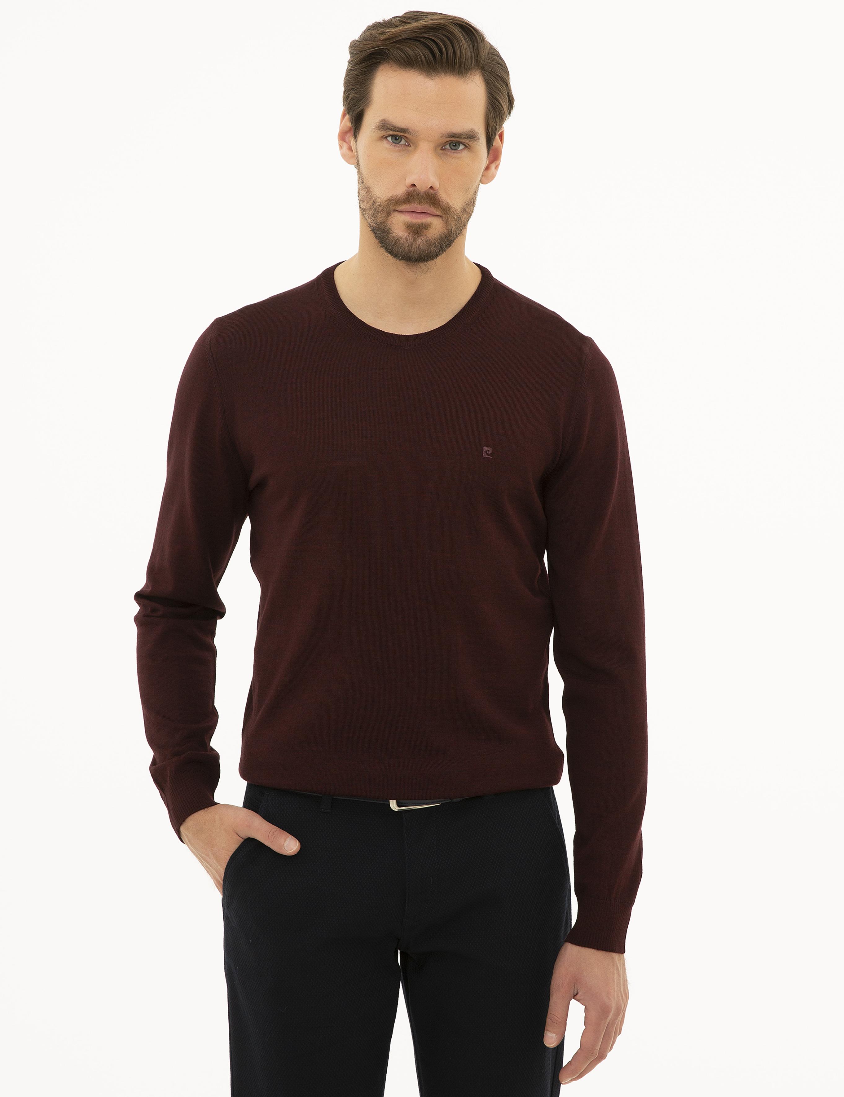 Bordo Slim Fit Bisiklet Yaka Basic Triko Kazak