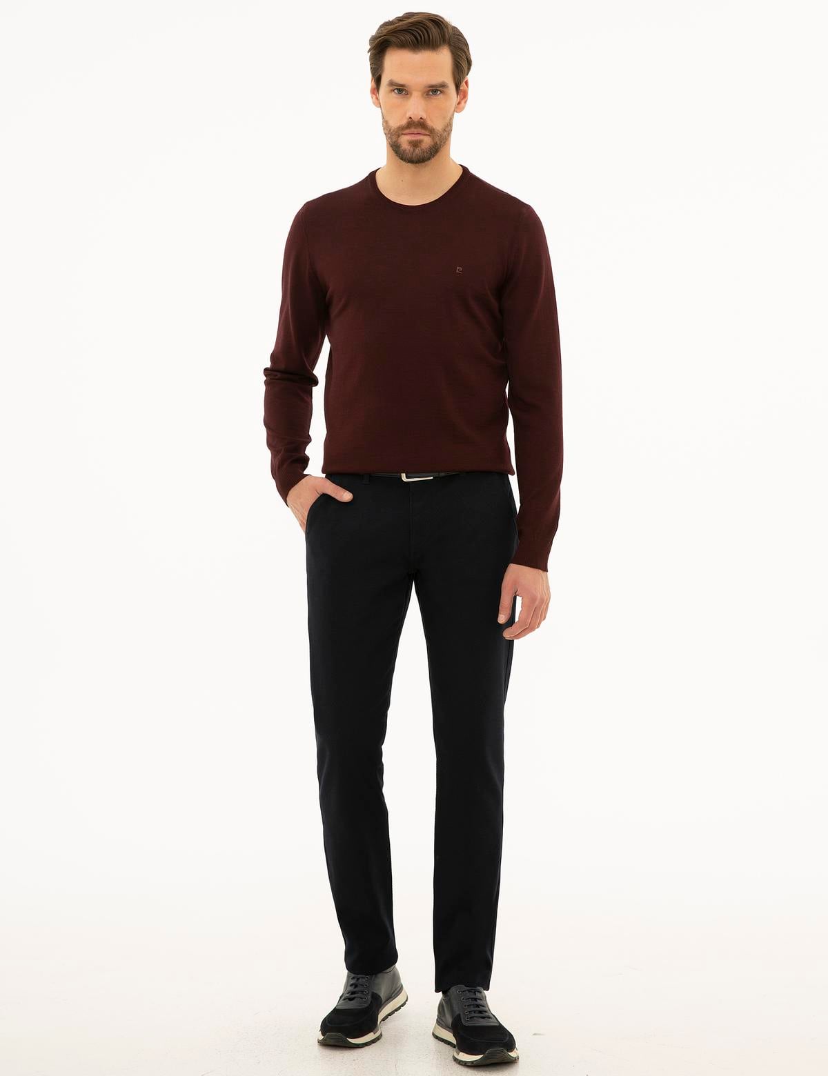 Bordo Slim Fit Bisiklet Yaka Basic Triko Kazak - 50227677027