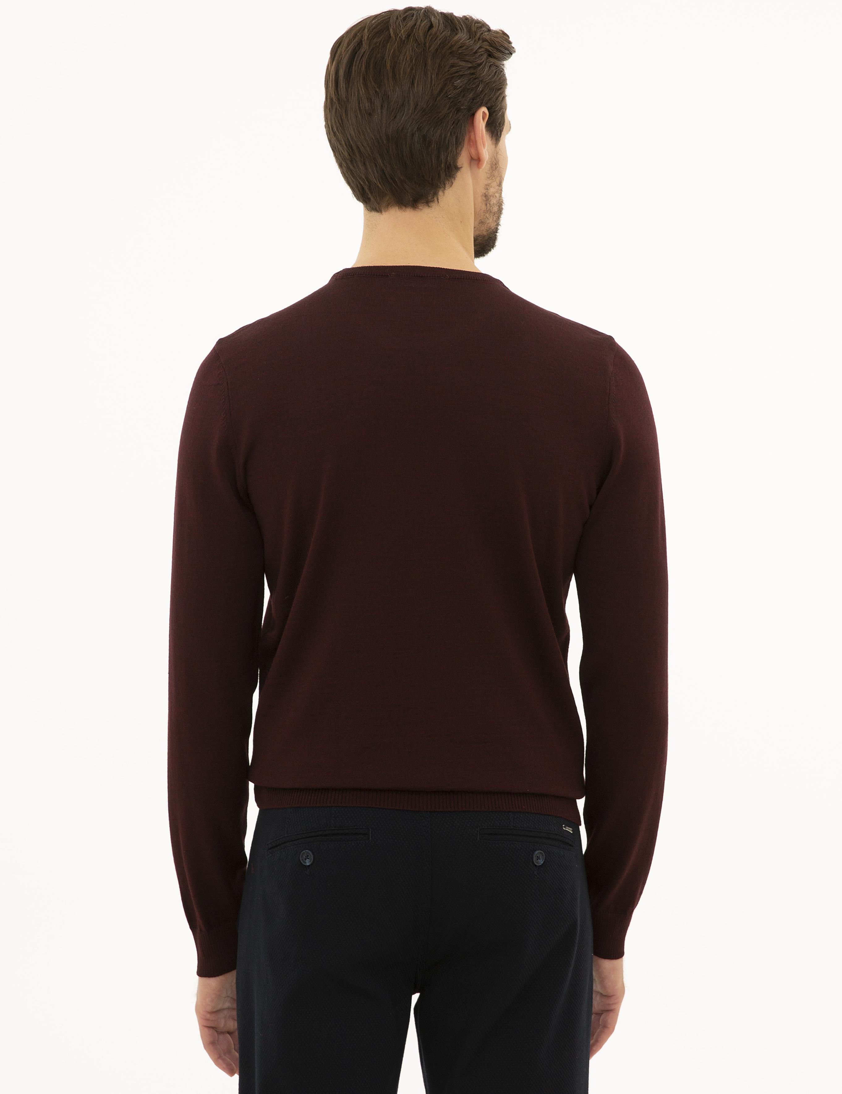 Bordo Slim Fit Bisiklet Yaka Basic Triko Kazak
