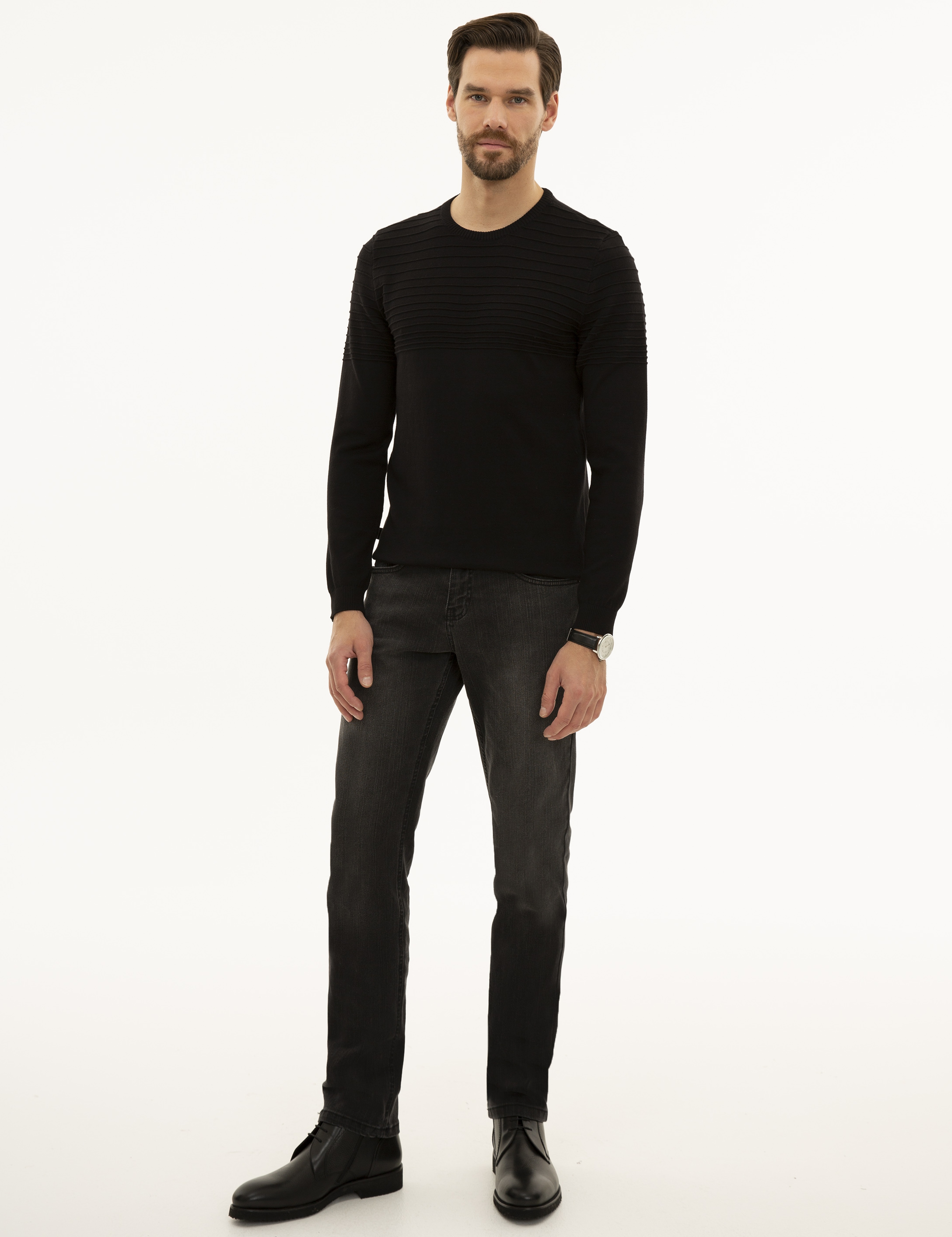 Siyah Slim Fit Triko Kazak - Image 5