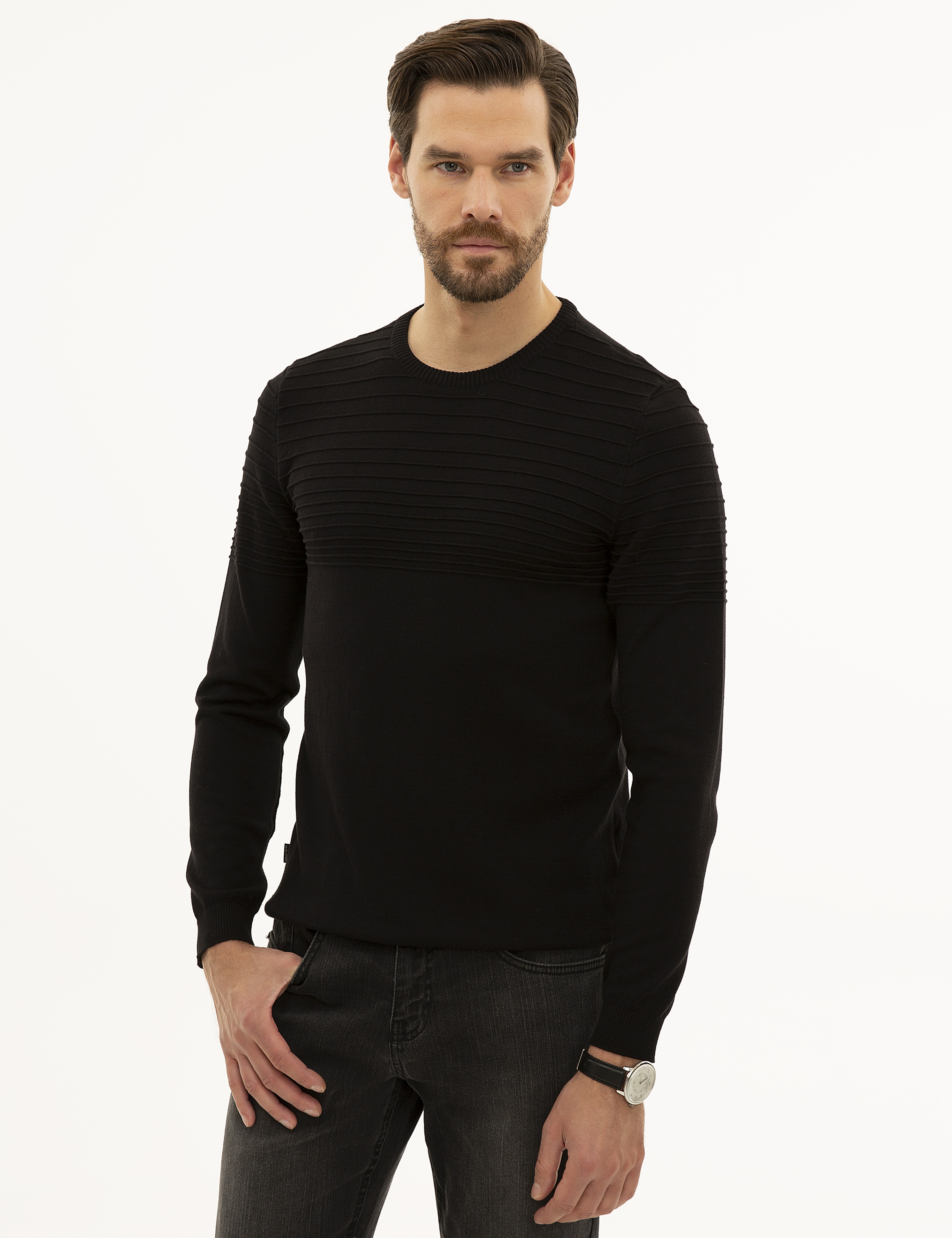 Siyah Slim Fit Triko Kazak - Image 3