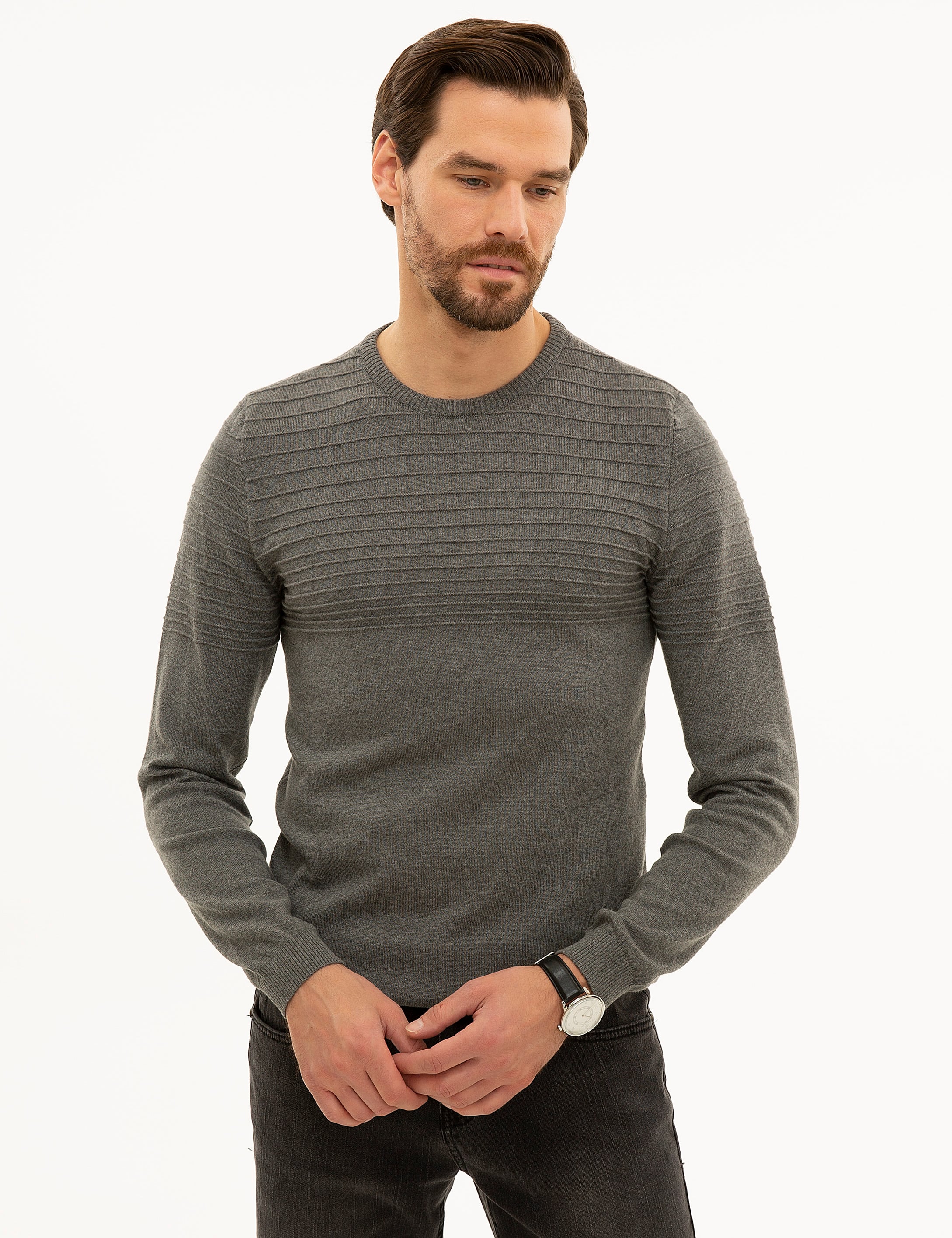 Gri Melanj Slim Fit Triko Kazak