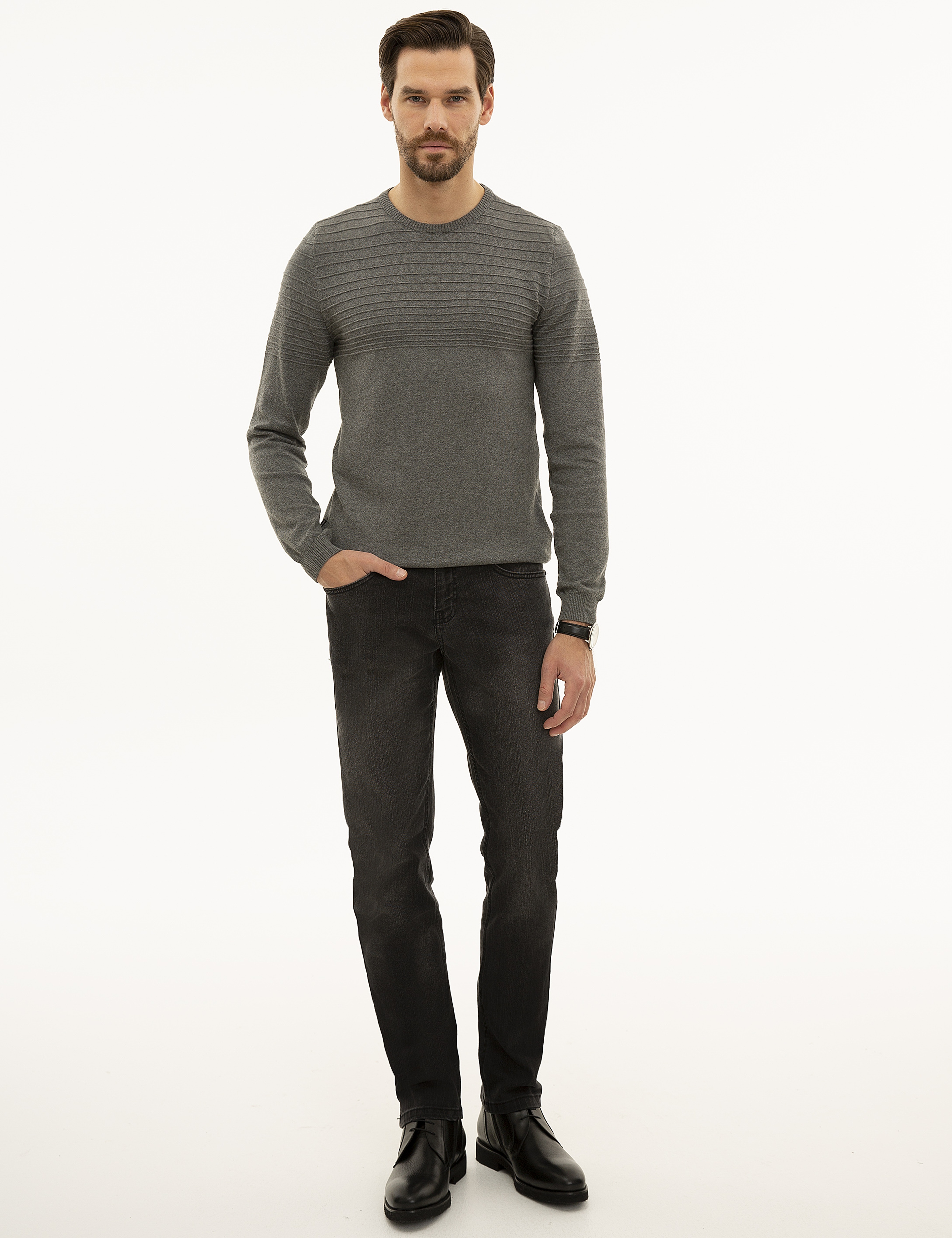 Gri Melanj Slim Fit Triko Kazak - Image 5