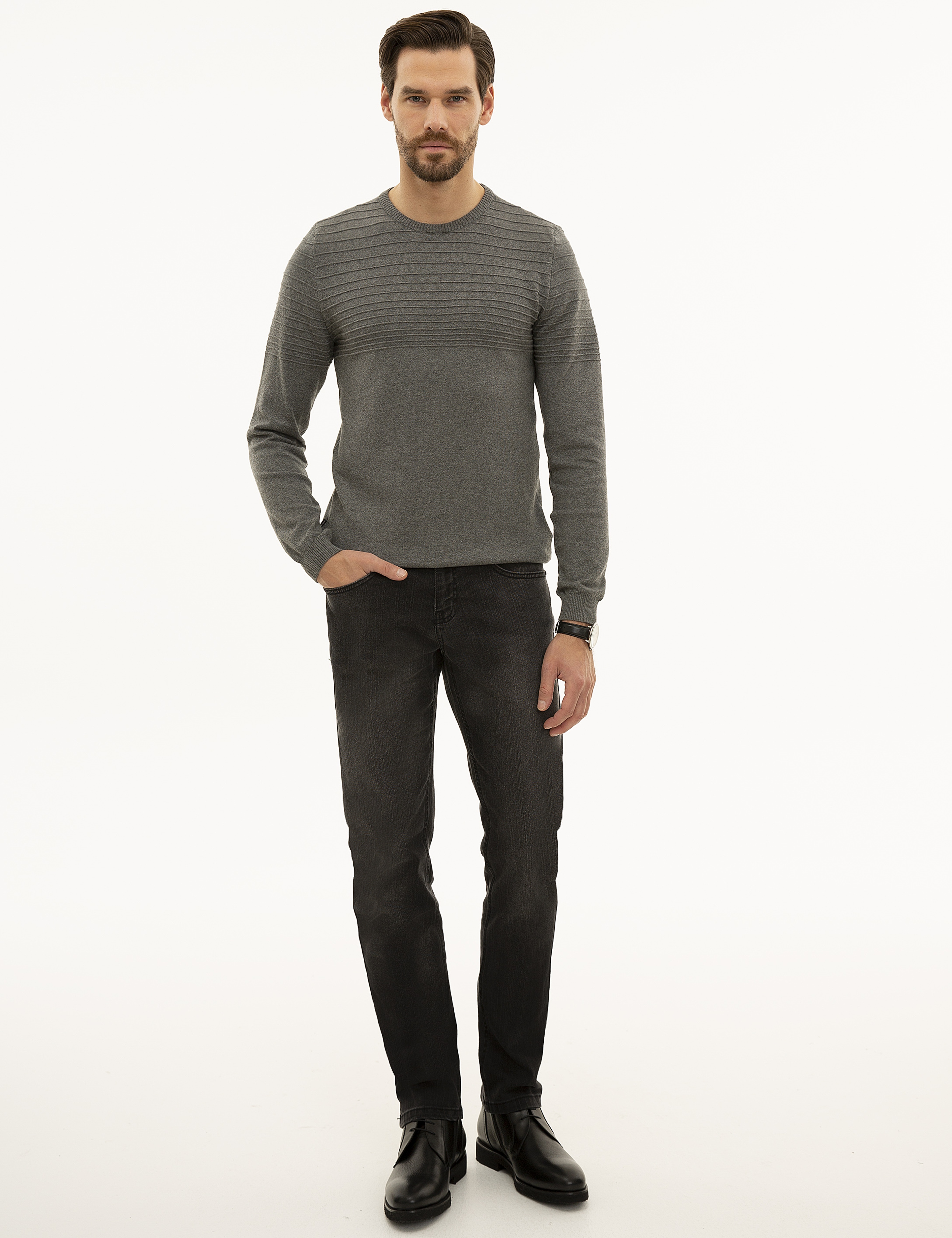 Gri Melanj Slim Fit Triko Kazak