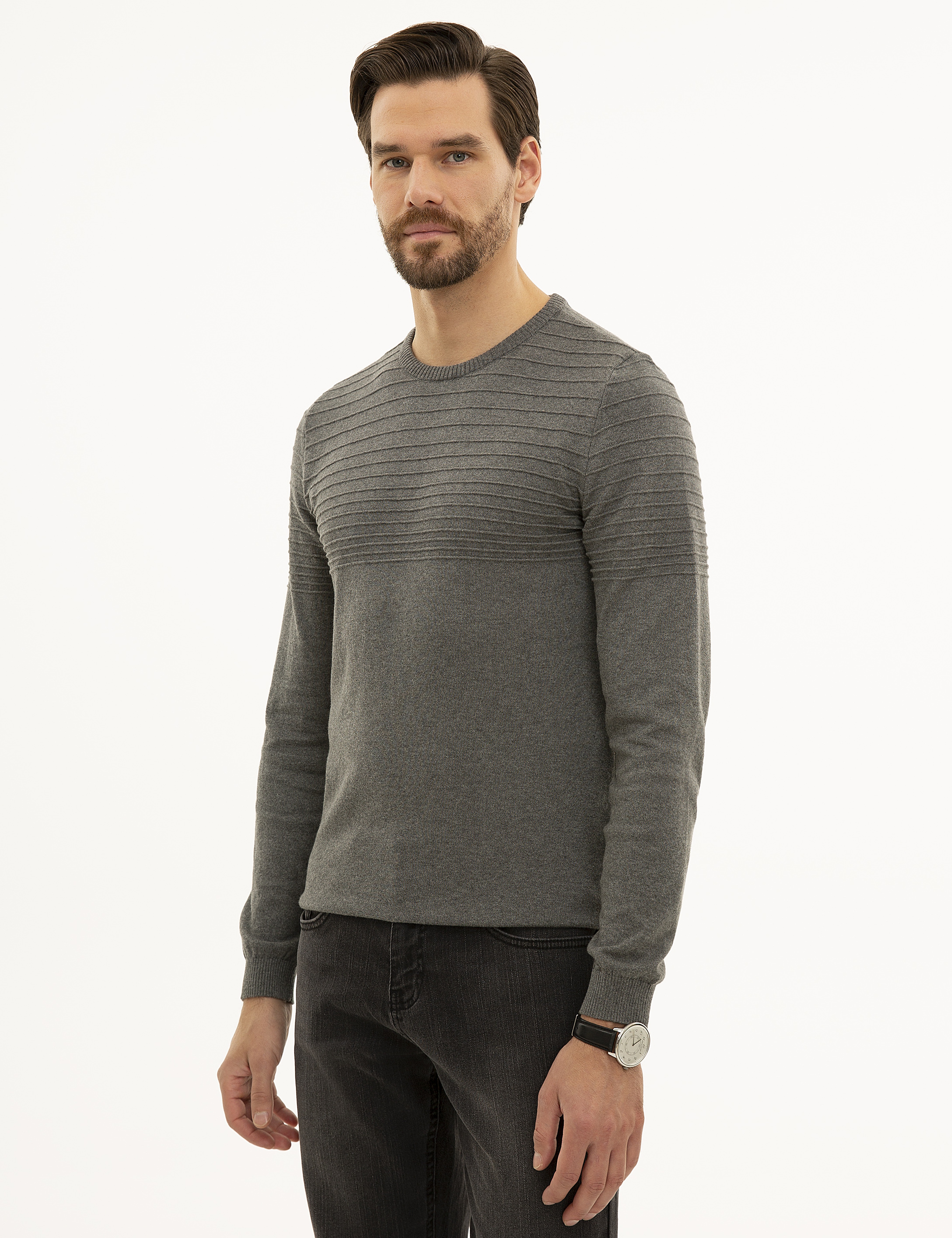 Gri Melanj Slim Fit Triko Kazak - Image 3