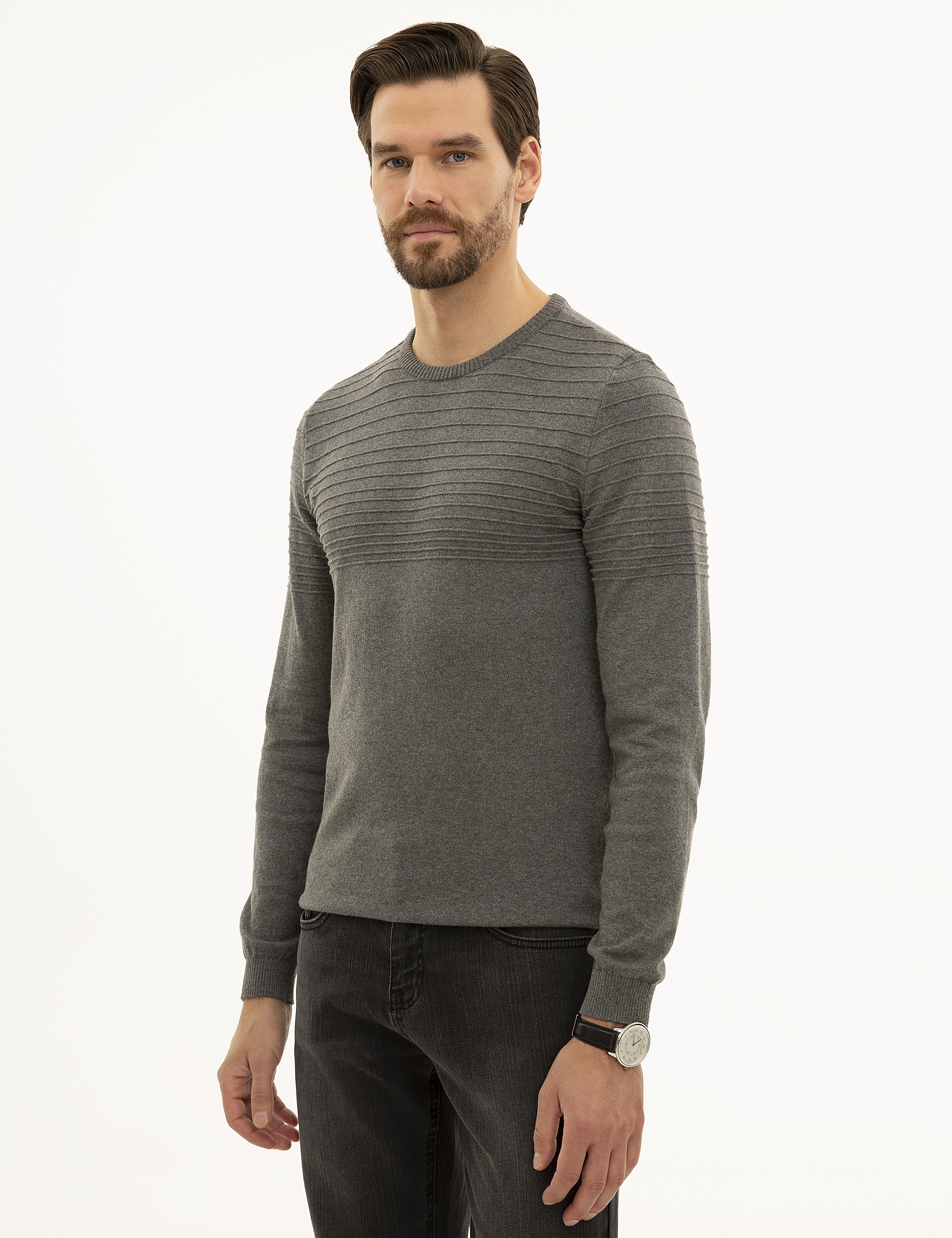 Gri Melanj Slim Fit Triko Kazak