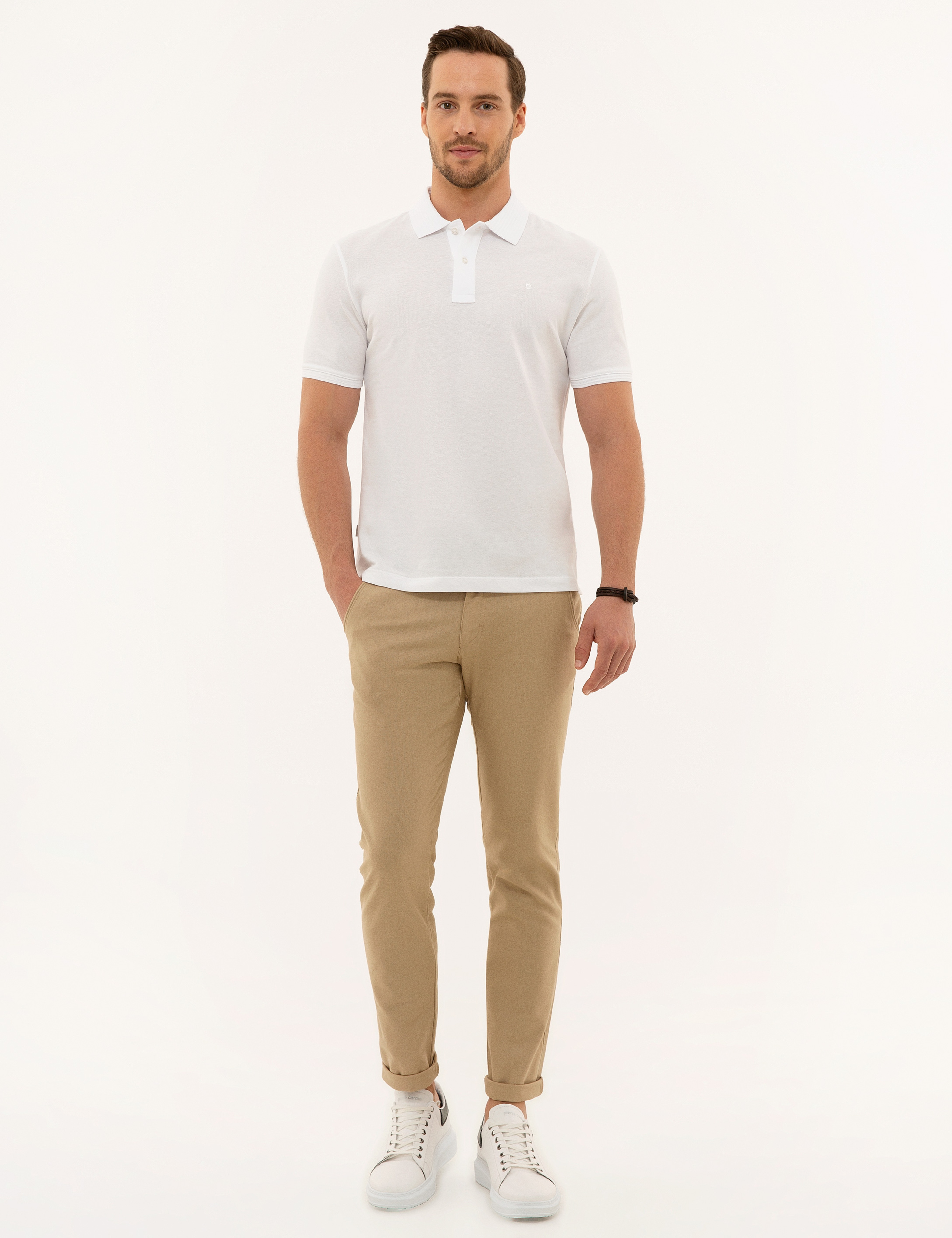 Beyaz Slim Fit Polo Yaka Basic T-Shirt