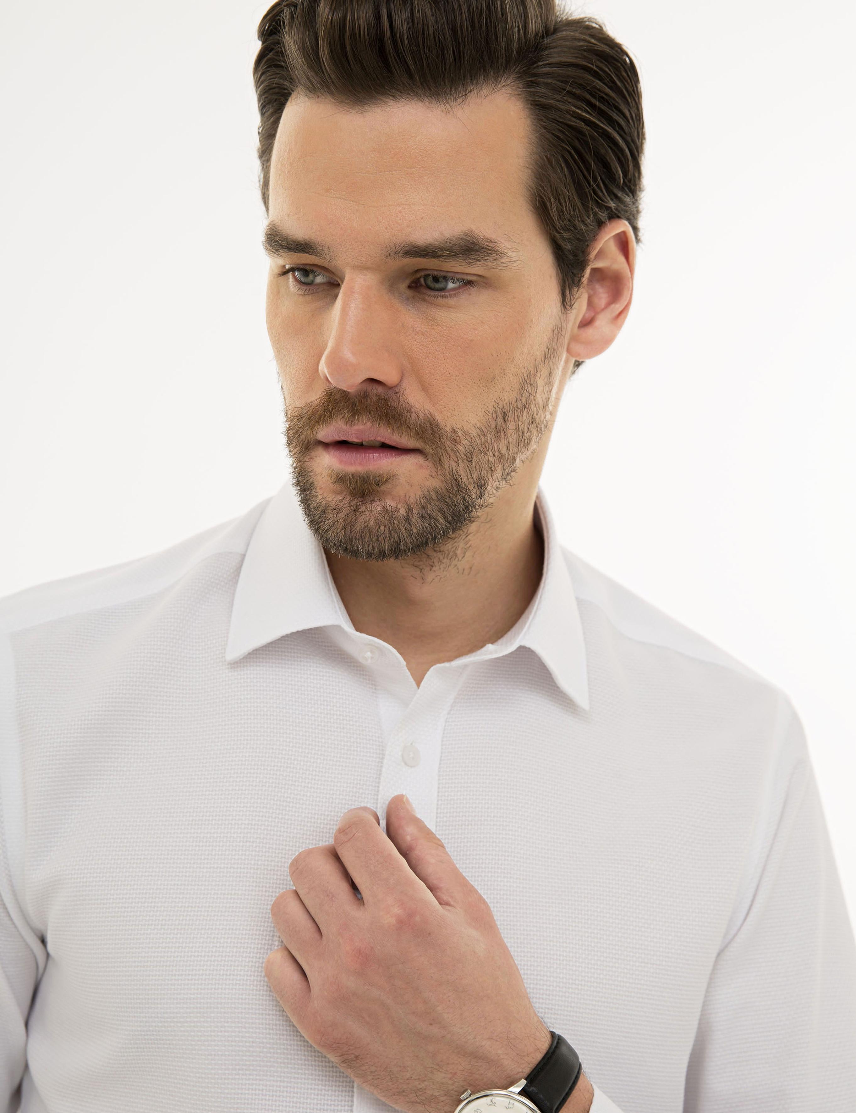 Beyaz Slim Fit Armürlü Gömlek