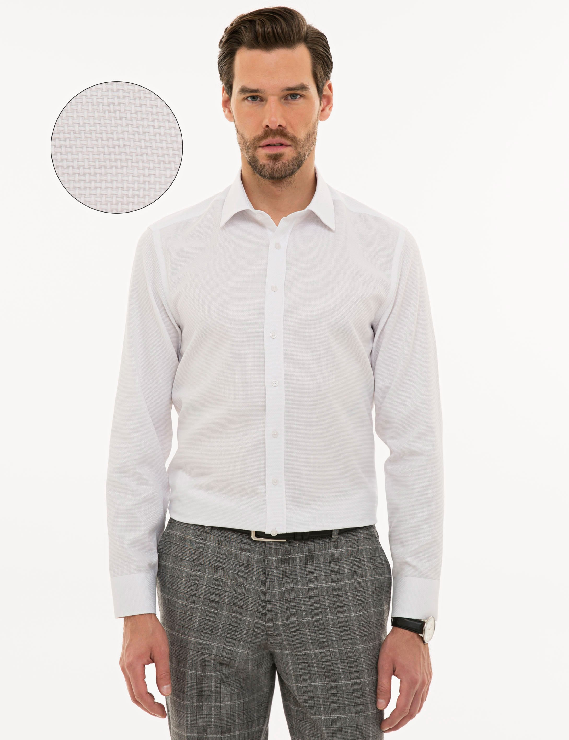 Beyaz Slim Fit Armürlü Gömlek