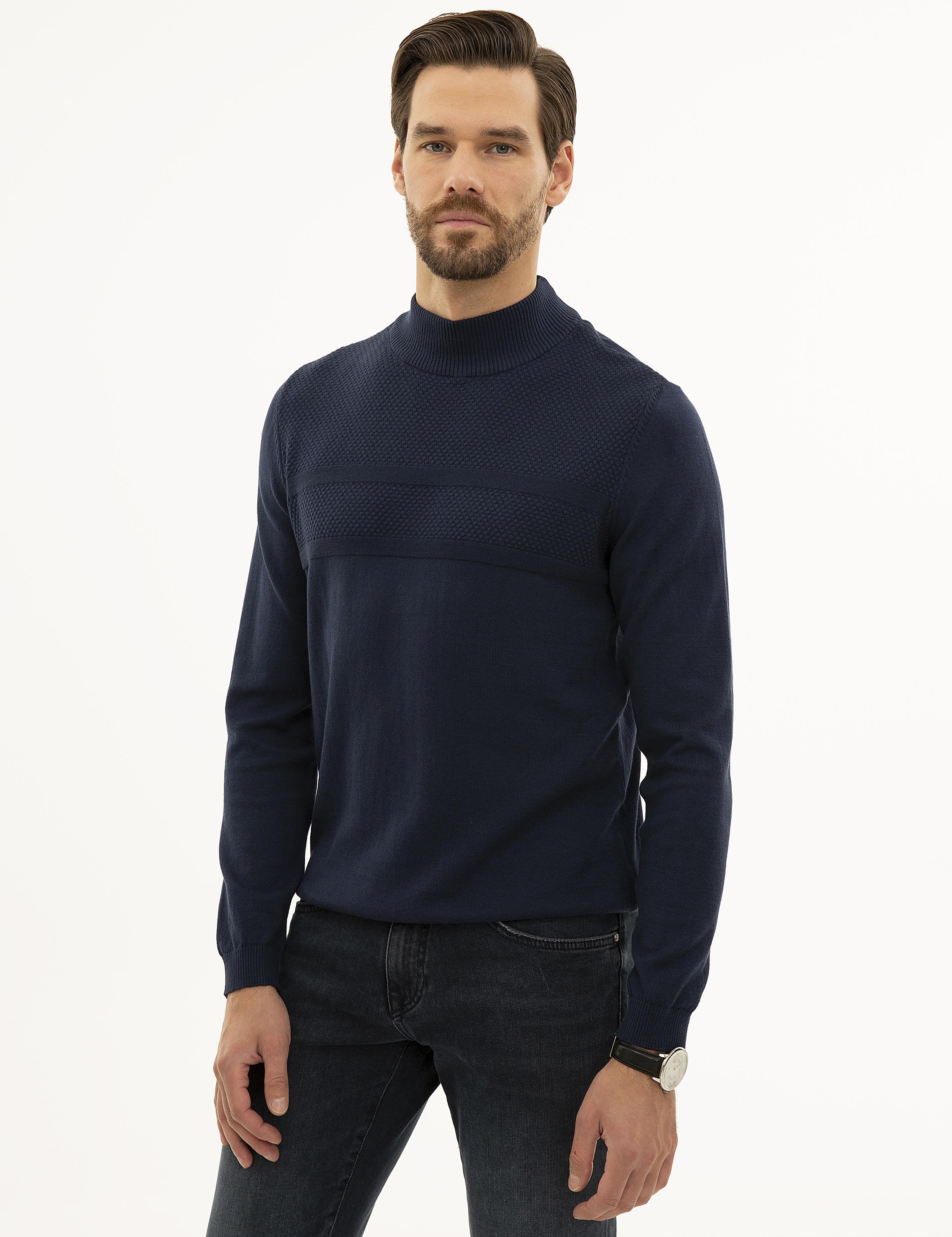 Lacivert Slim Fit Yarım Balıkçı Yaka Triko Kazak