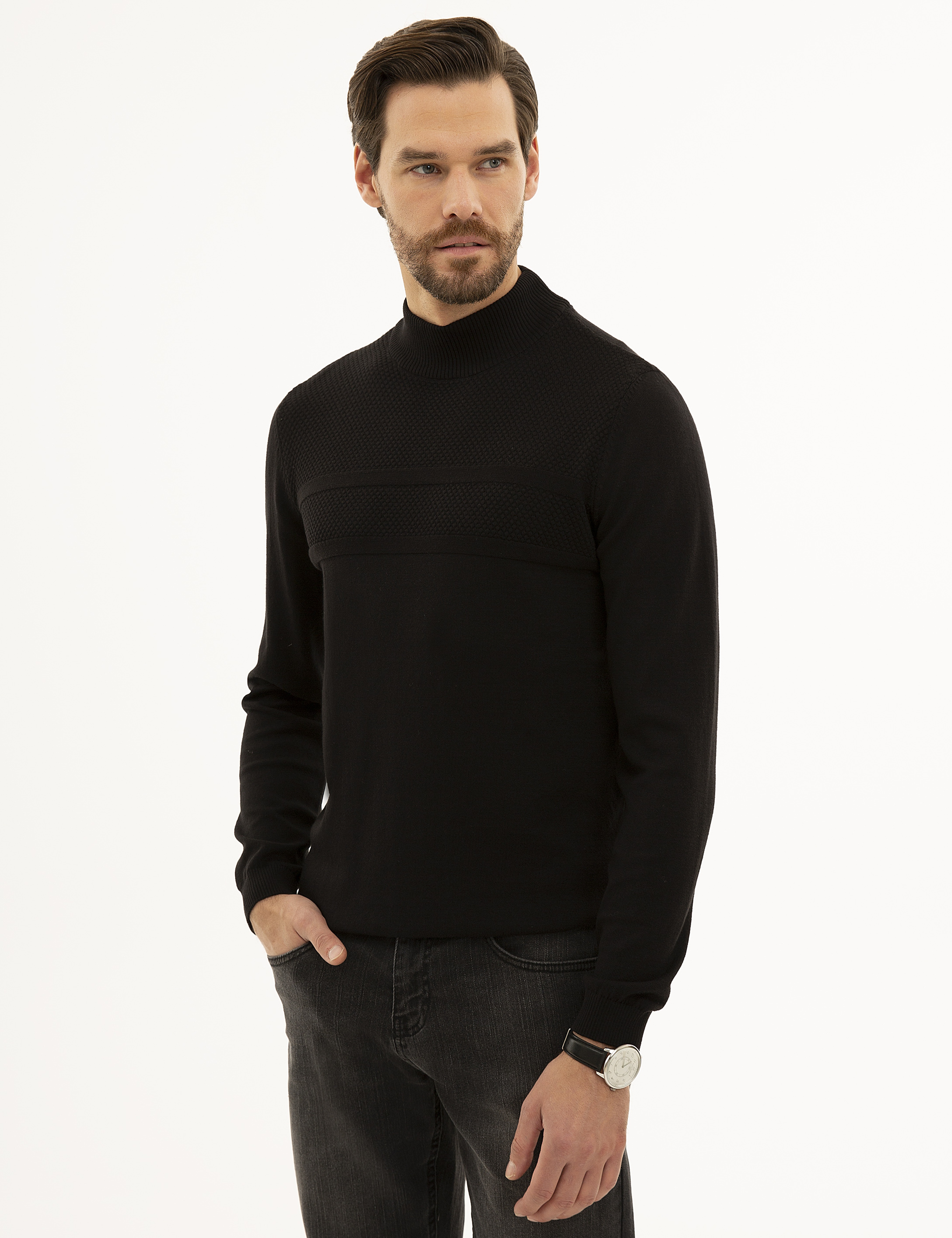 Siyah Slim Fit Triko Kazak - Image 3