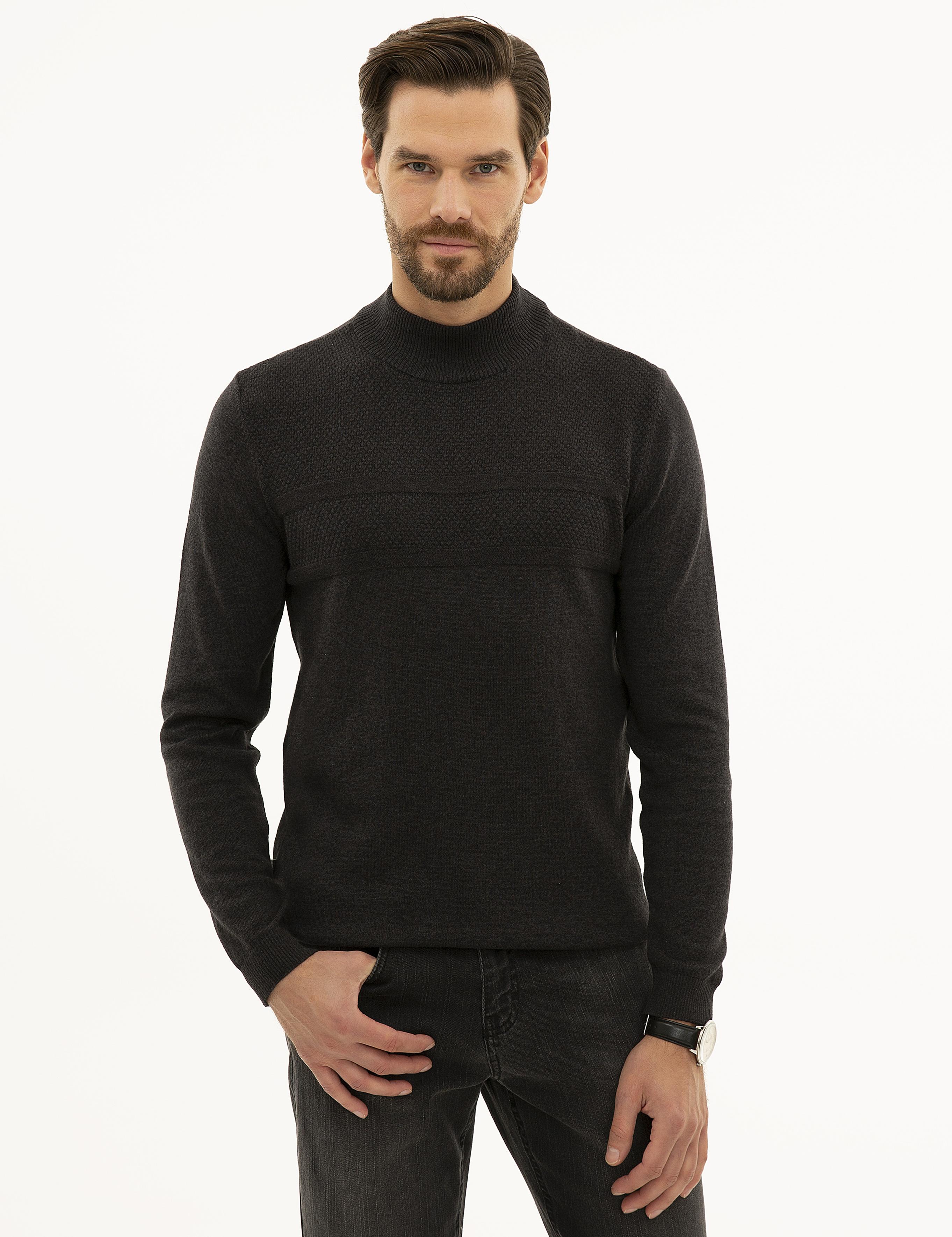 Antrasit Melanj Slim Fit Yarım Balıkçı Triko Kazak