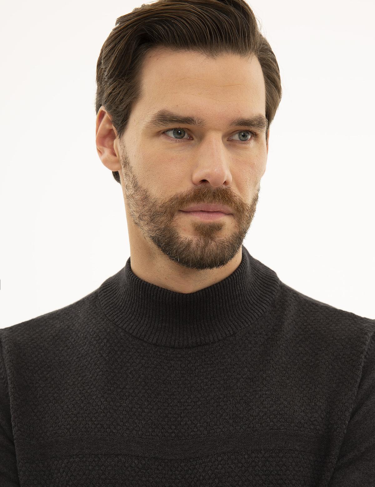 Antrasit Melanj Slim Fit Yarım Balıkçı Triko Kazak - 50233719036