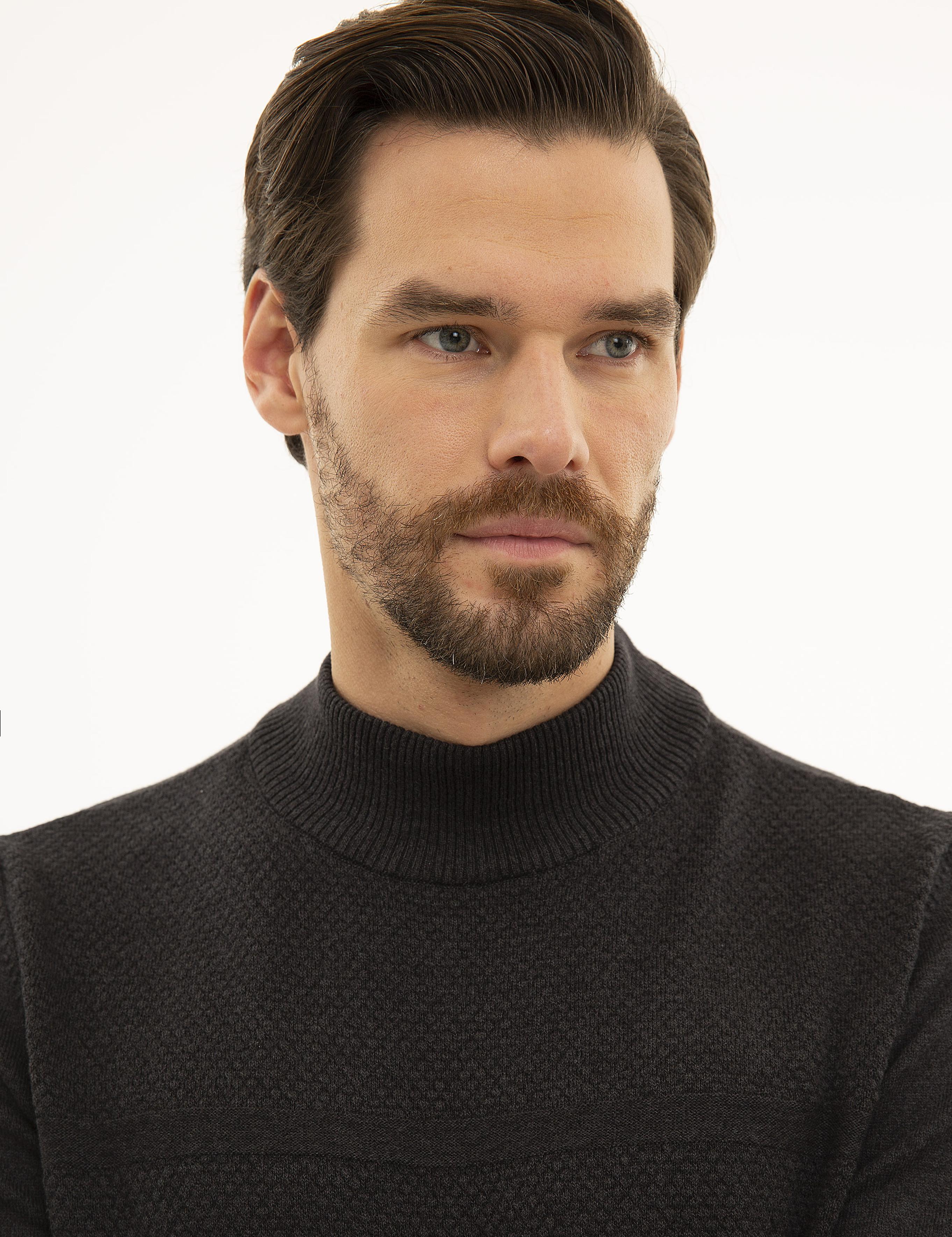 Antrasit Melanj Slim Fit Yarım Balıkçı Triko Kazak