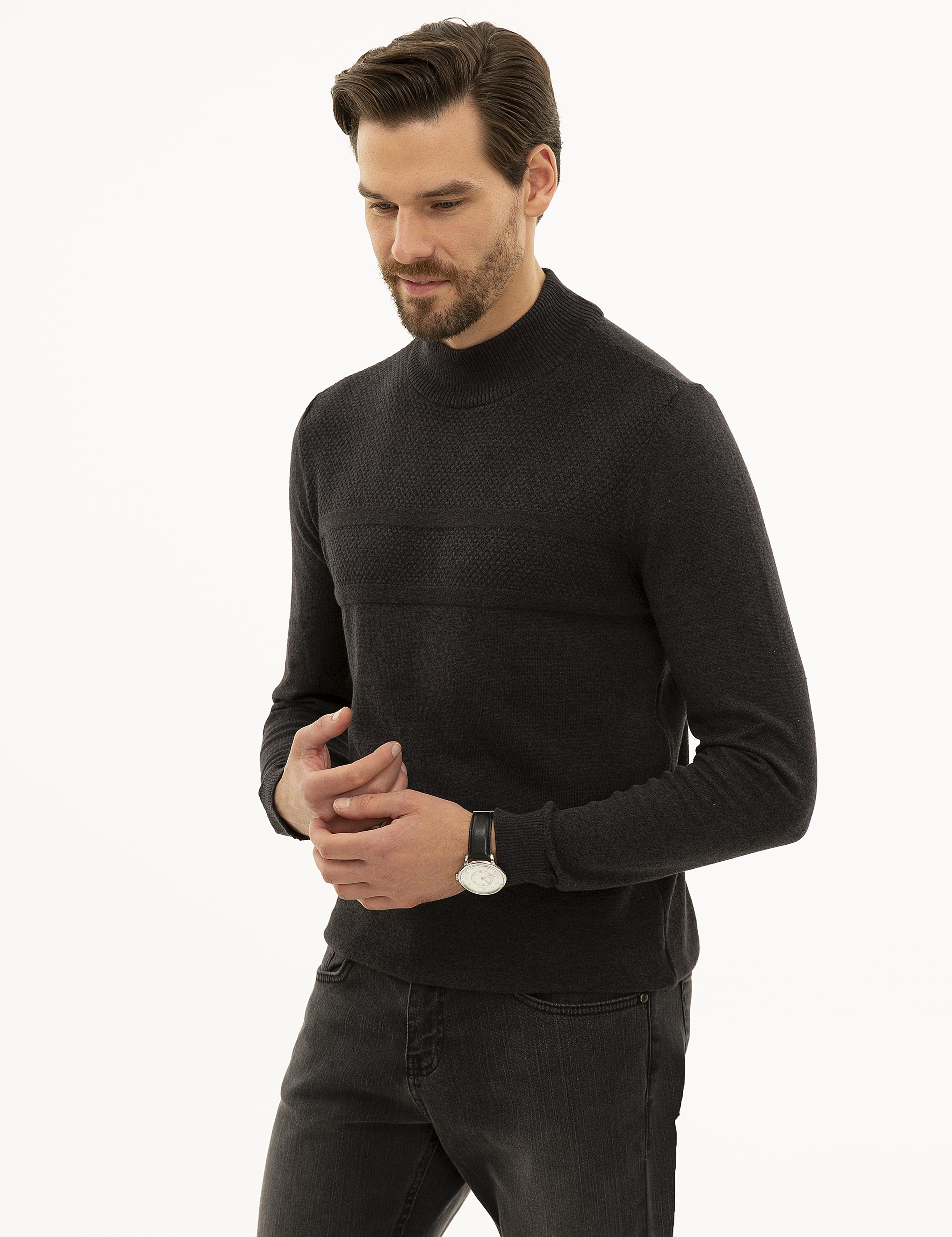 Antrasit Melanj Slim Fit Yarım Balıkçı Triko Kazak