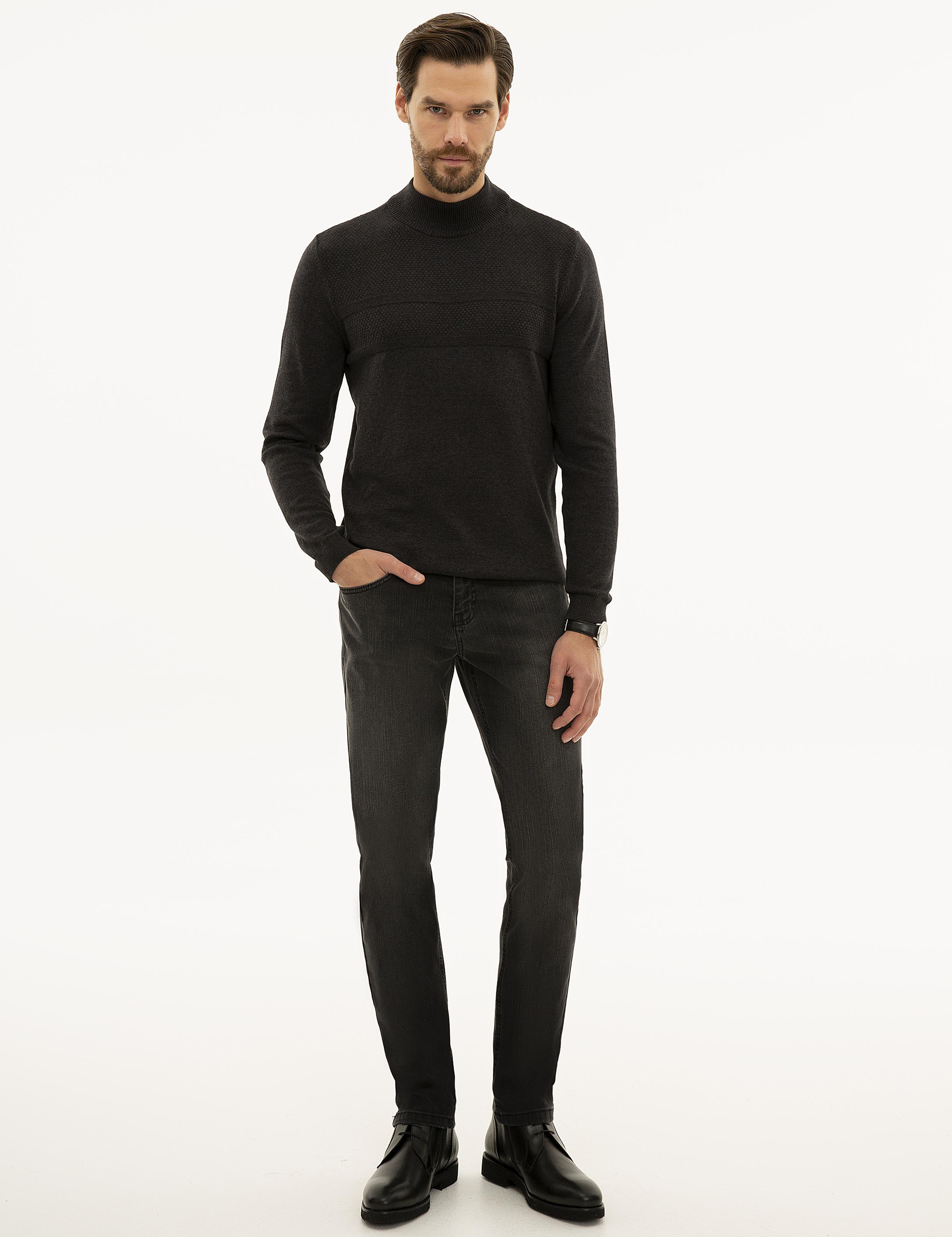 Antrasit Melanj Slim Fit Yarım Balıkçı Triko Kazak