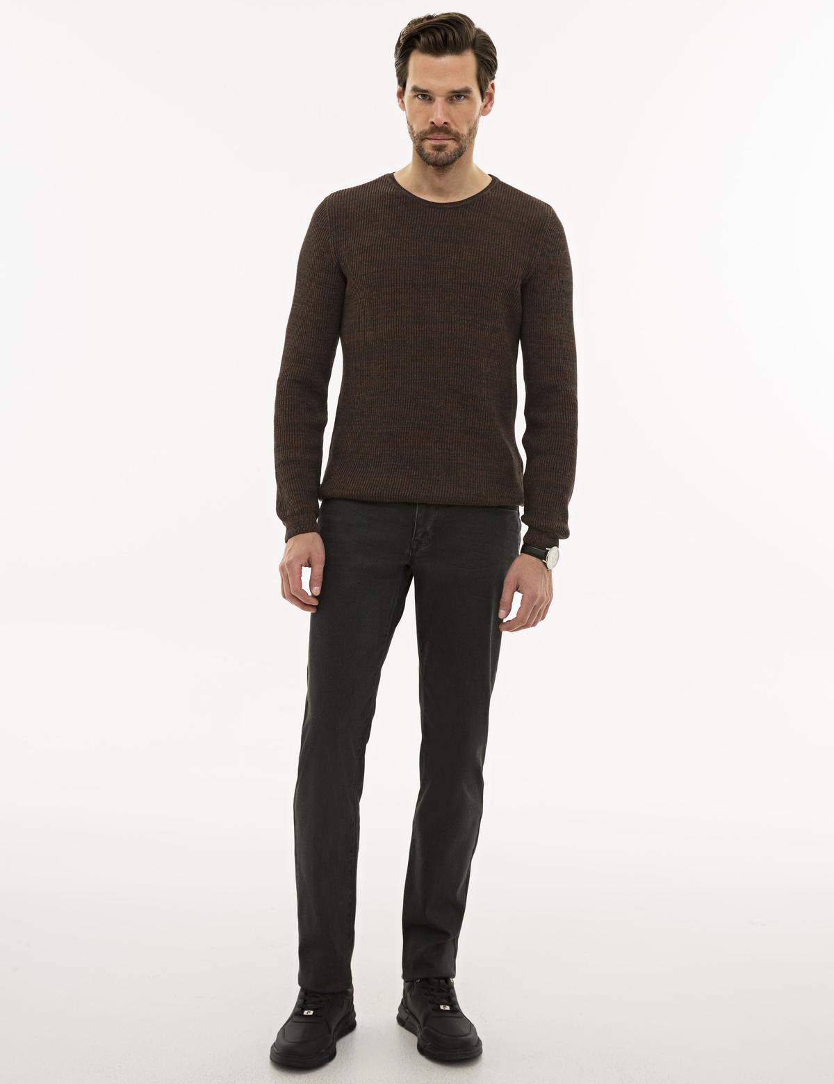 Kahverengi Slim Fit Bisiklet Yaka Triko Kazak - 50227830038