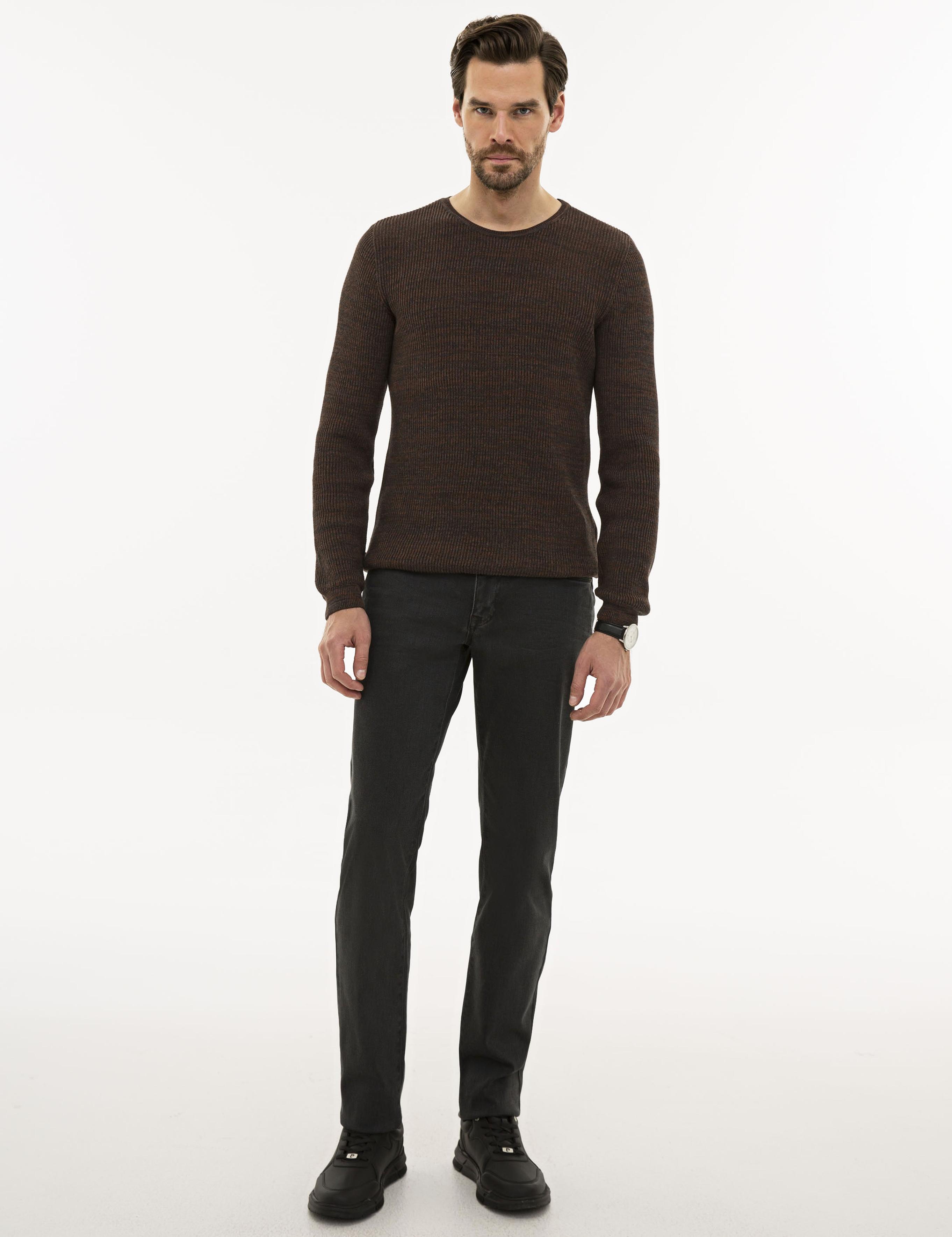 Kahverengi Slim Fit Bisiklet Yaka Triko Kazak