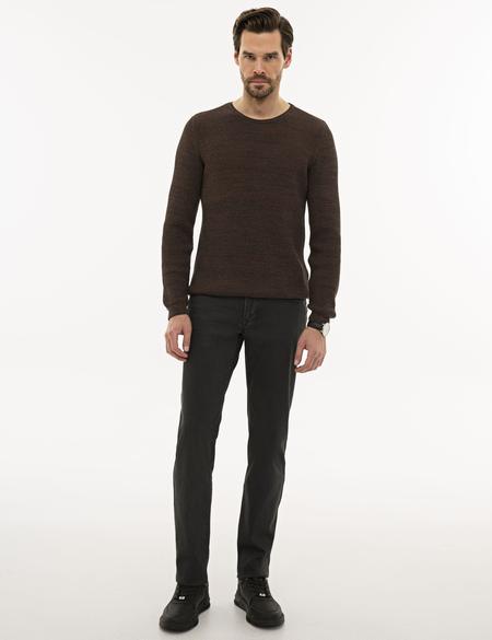 Kahverengi Slim Fit Bisiklet Yaka Triko Kazak - 50227830038