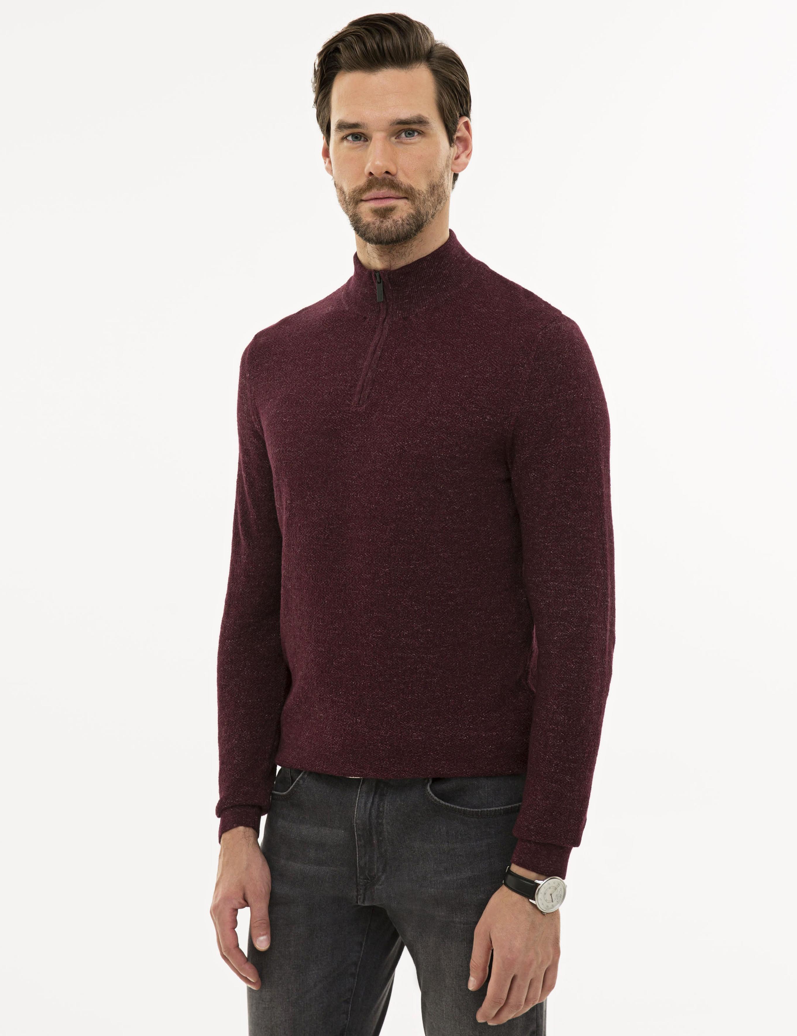 Bordo Slim Fit Fermuarlı Dik Yaka Triko Kazak