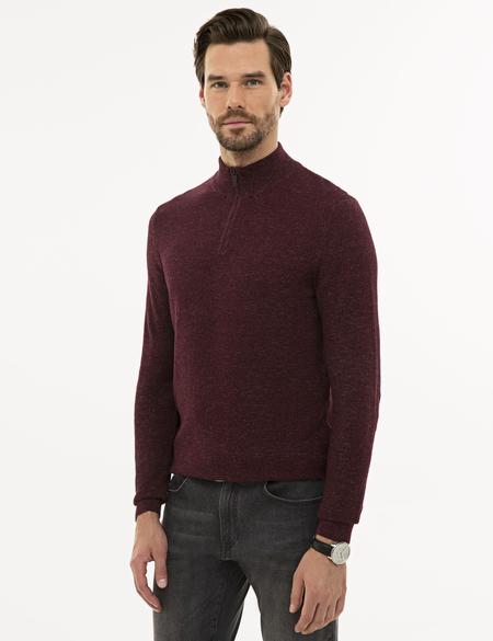 Bordo Slim Fit Fermuarlı Dik Yaka Triko Kazak - 50228389047